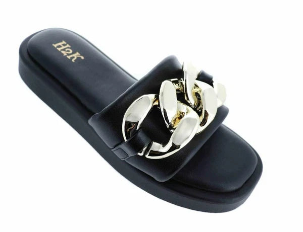 H2K Chain Black Fashion Comfort Soft Slides Flip Flops Sandals Open Toe New