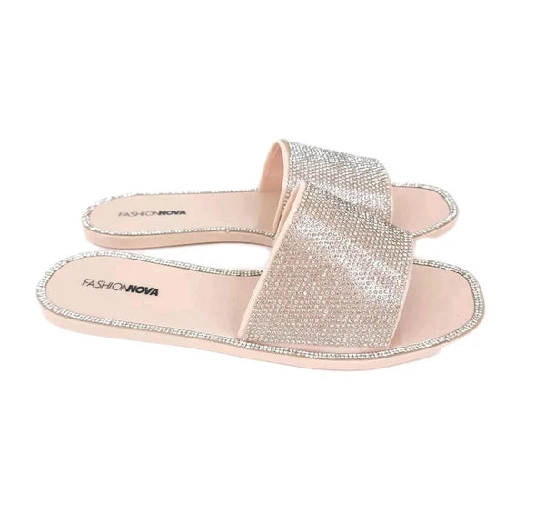 Fashion Nova Sandals Womens 10 w/ Box Flats Silver Rhinestones Slides Slip On