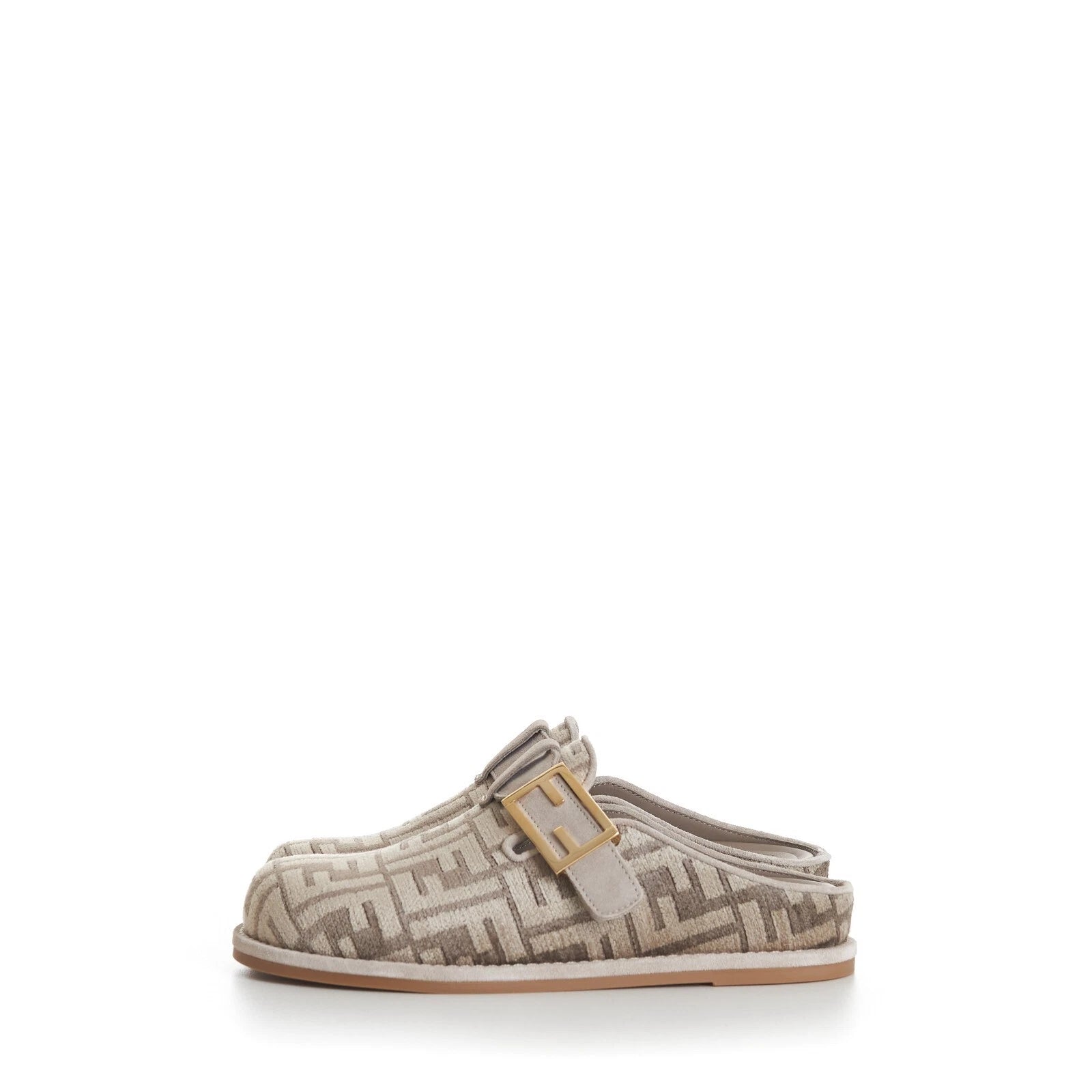 FENDI 995$ Dove Gray Chenille Sabots Sandals - FF Motif / FF Buckle