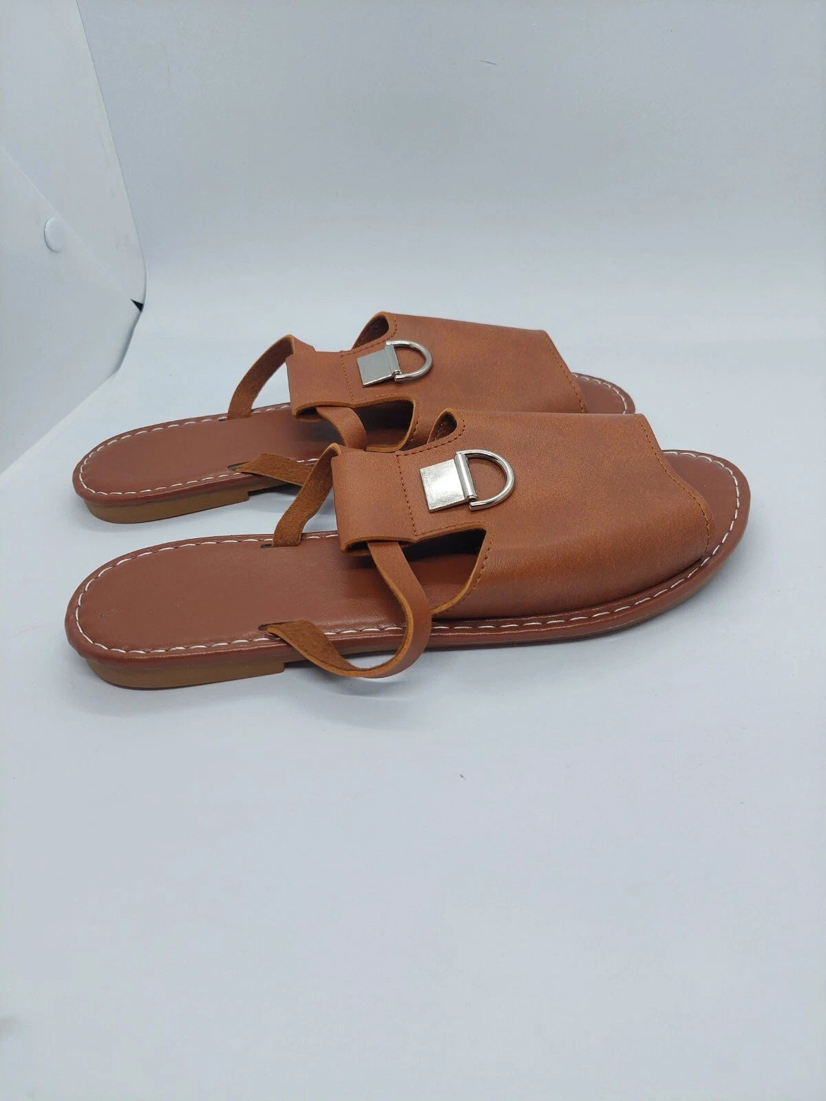 Women Sandals Metal Decor Cut Out Slide Fashionable Brown Flat Size 38 US 7
