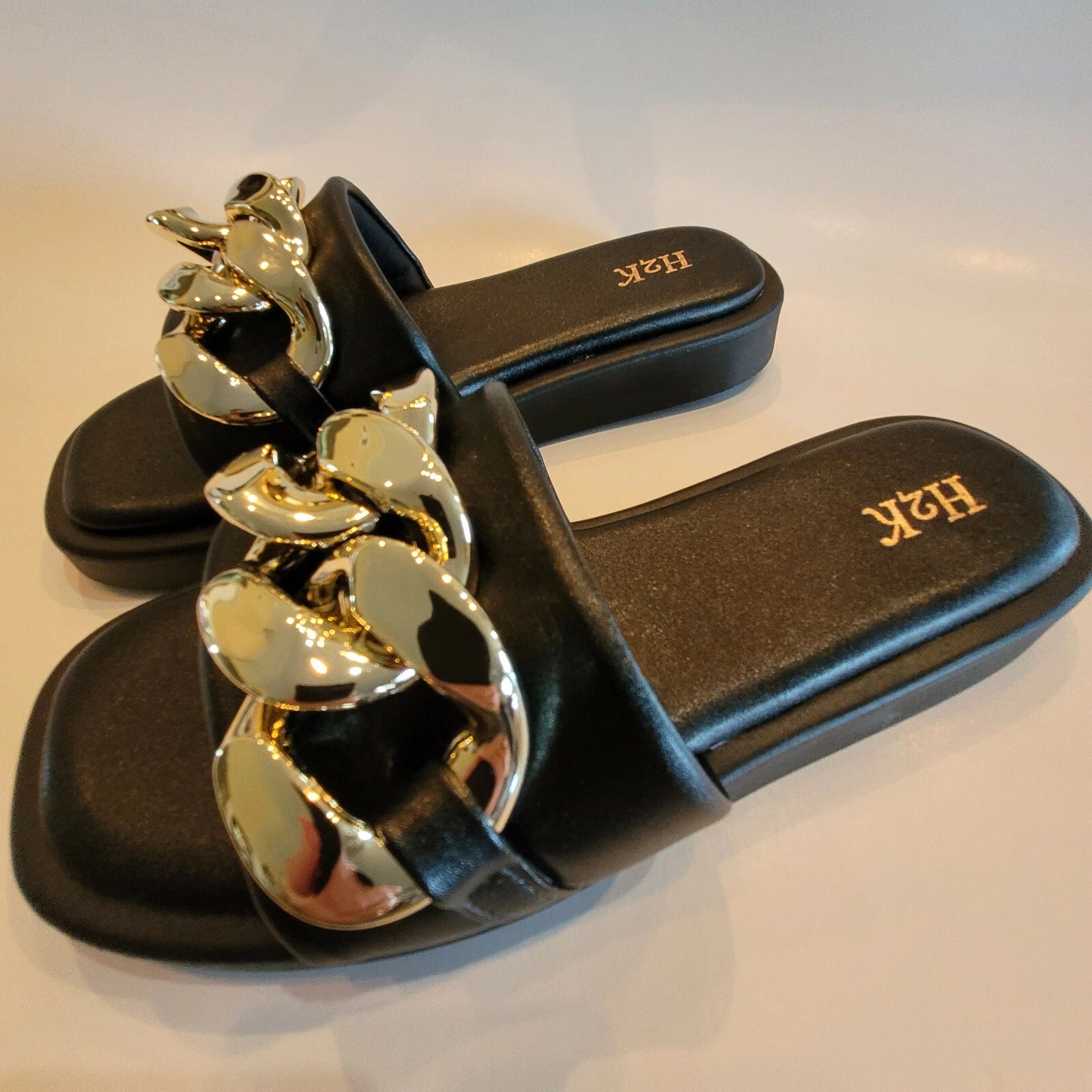 H2K Chain Black Fashion Comfort Soft Slides Flip Flops Sandals  Open Toe New