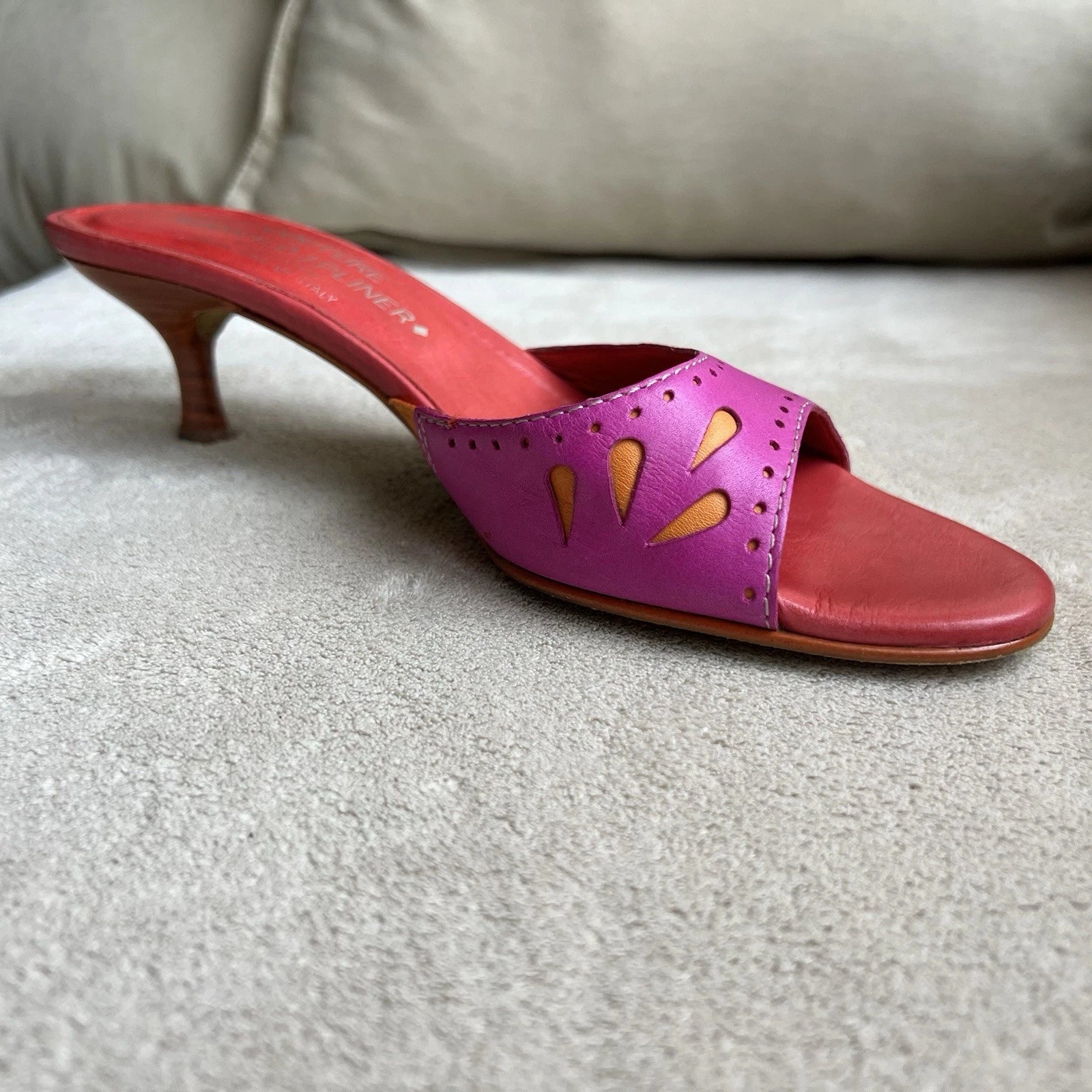 Donald J Pliner Fuschia Pink Orange Leather Kitten Heeled Sandals Women 6.5 Pop