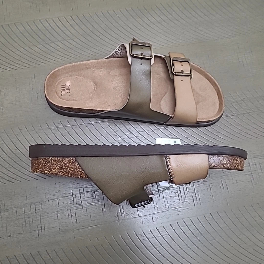 Time And Tru Buckle Stap Birk Style Tan/Green Sandal Size 10 New With Tag