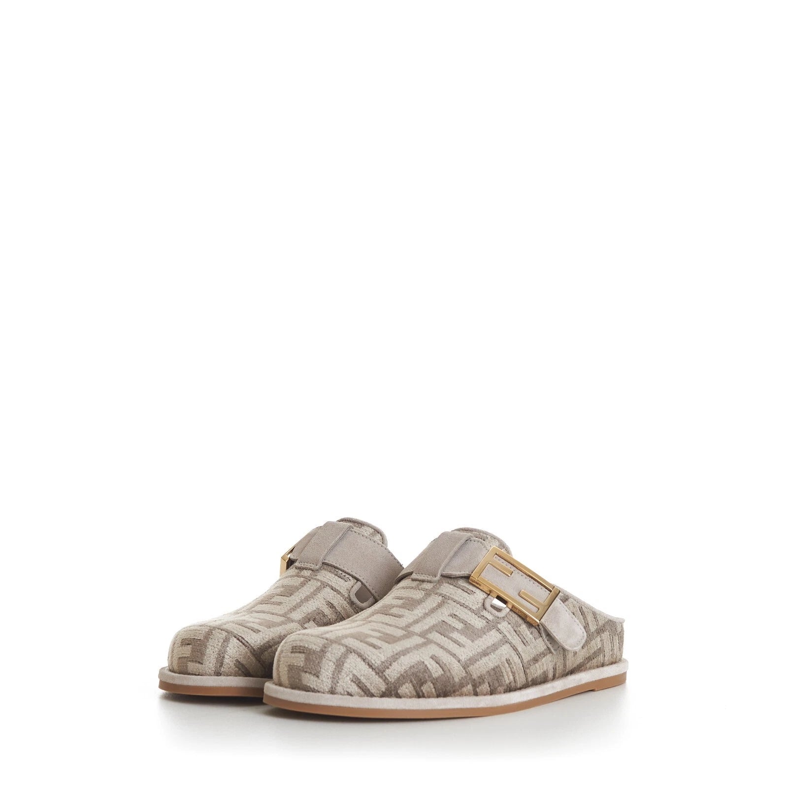 FENDI 995$ Dove Gray Chenille Sabots Sandals - FF Motif / FF Buckle