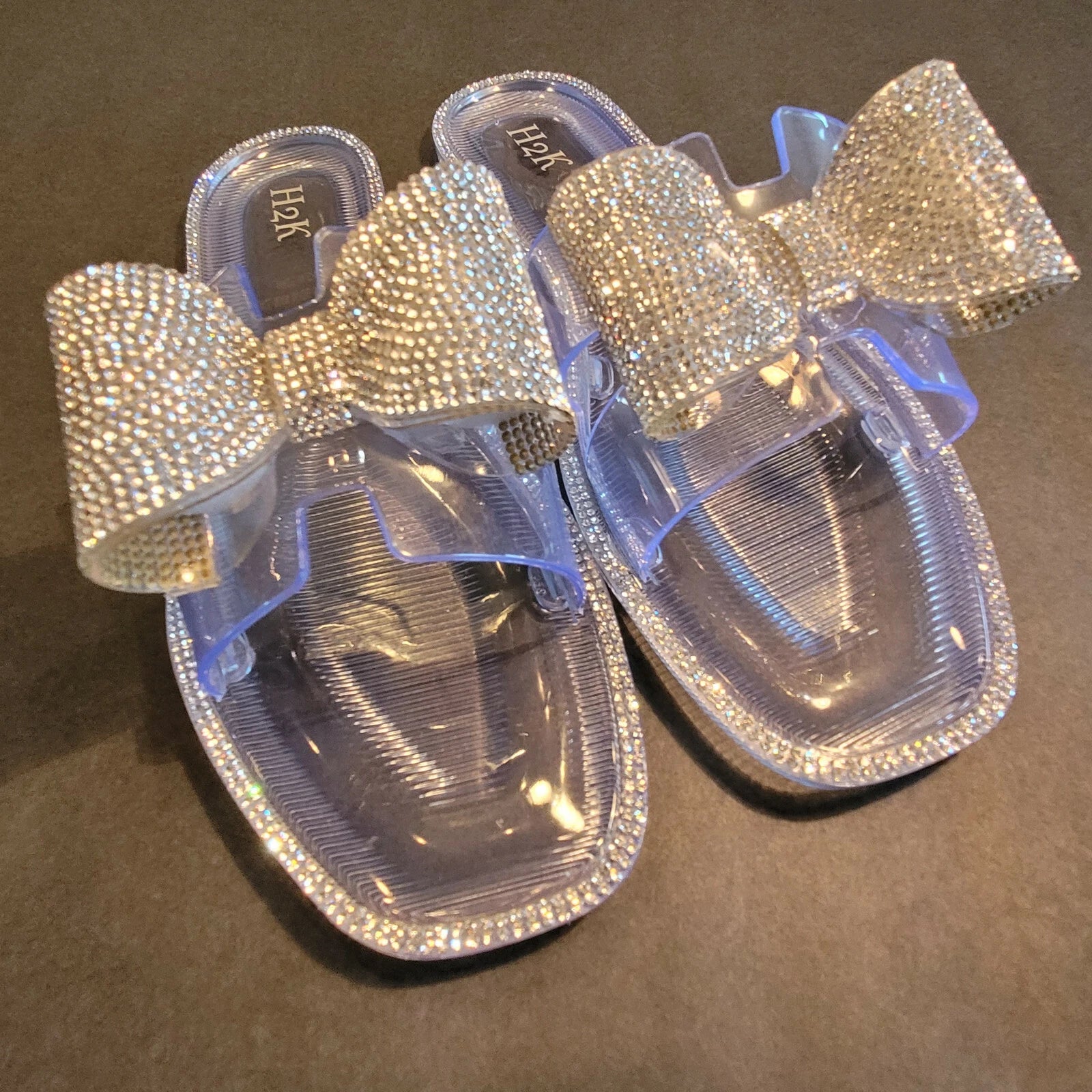 H2K Lucia Silver Fashion Jelly Slides Flip Flops Bow Sandals Bling Open Toe New
