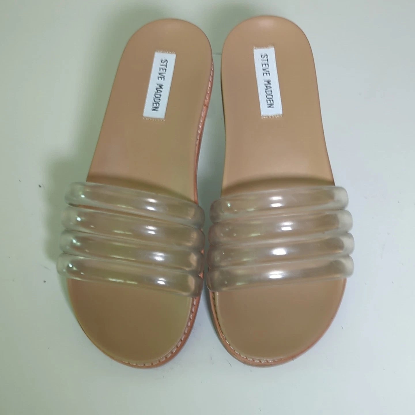 STEVE MADDEN Clear Lucite Strap Drips Slip-On Slides Sandals 7.5 Flats Beach