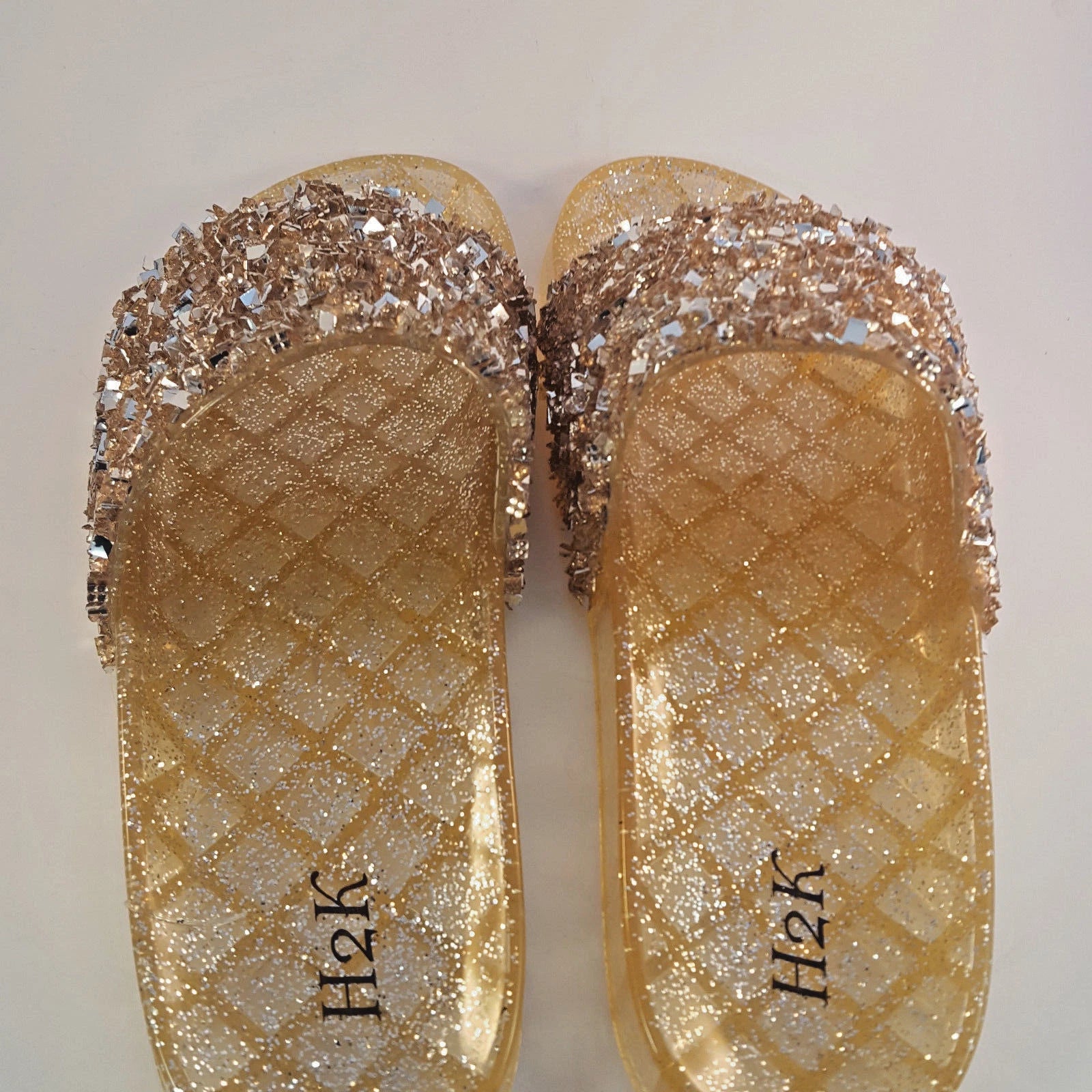 H2K CANDY Rose Gold Color Glitter Beads Fashion Slides Flip Flops Sandals Bling