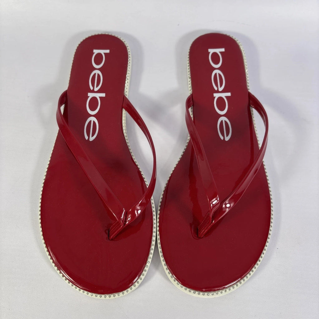 Bebe Ileana Red Patento Womens Size 7.5m Dark Red Flat Slip On Flop Style Slides