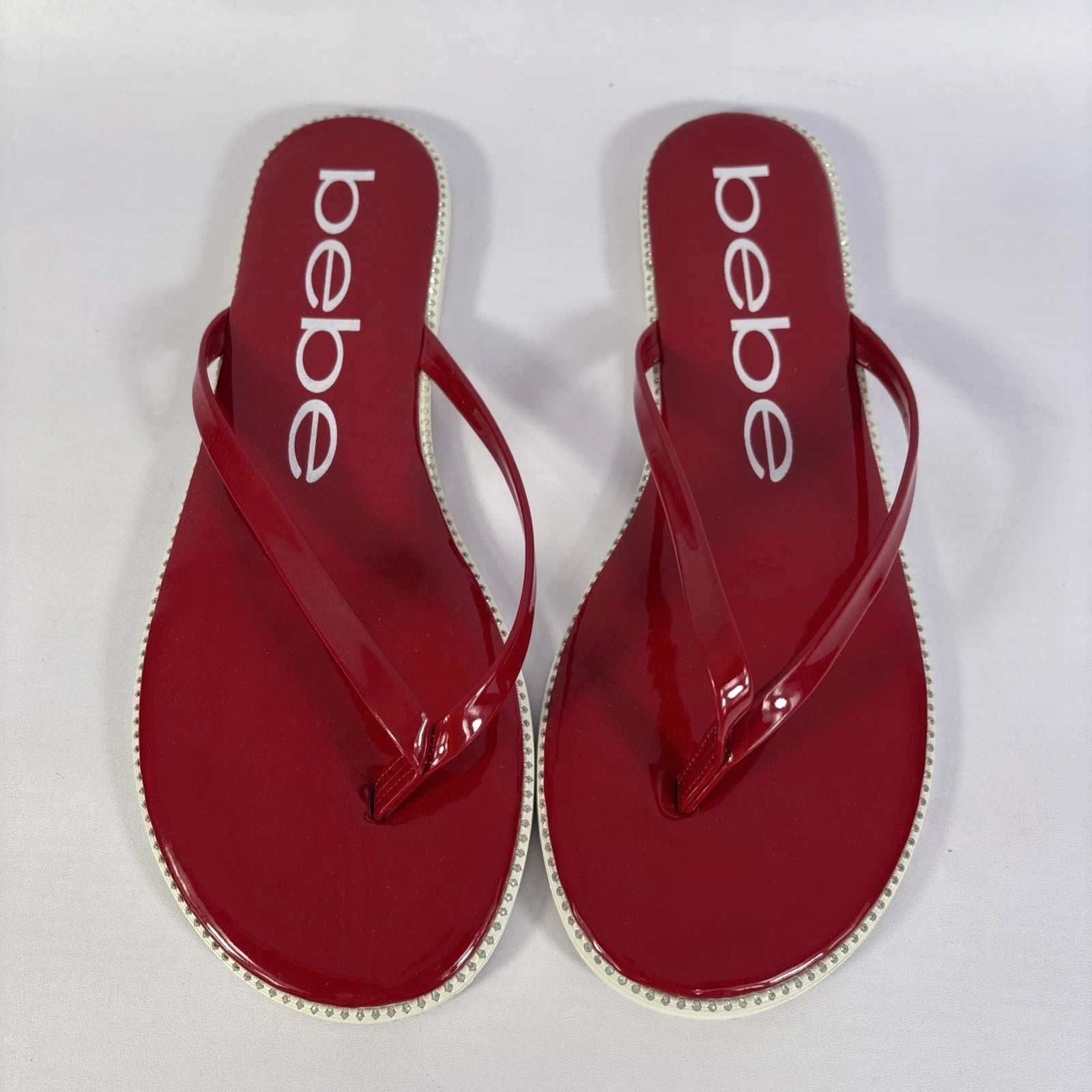 Bebe Ileana Red Patento Womens Size 7.5m Dark Red Flat Slip On Flop Style Slides