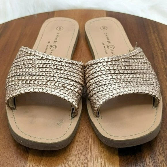 Chinese Laundry Moonshine Slide Sandals 9 Leather Rose Gold Woven Top Flat Comfy