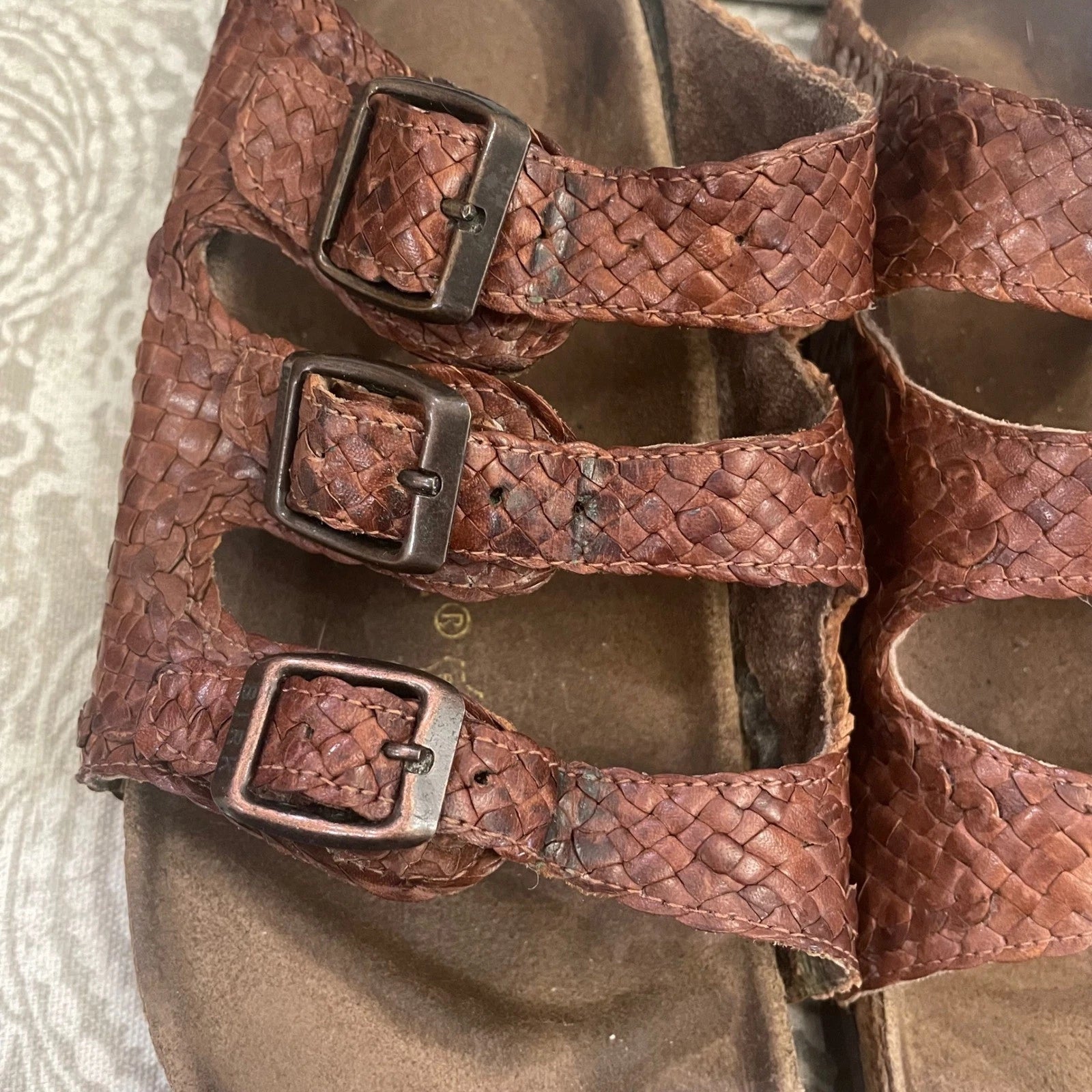 Birkenstock Sandals Woven Leather Three Strap Buckle Arizona Style Size 37