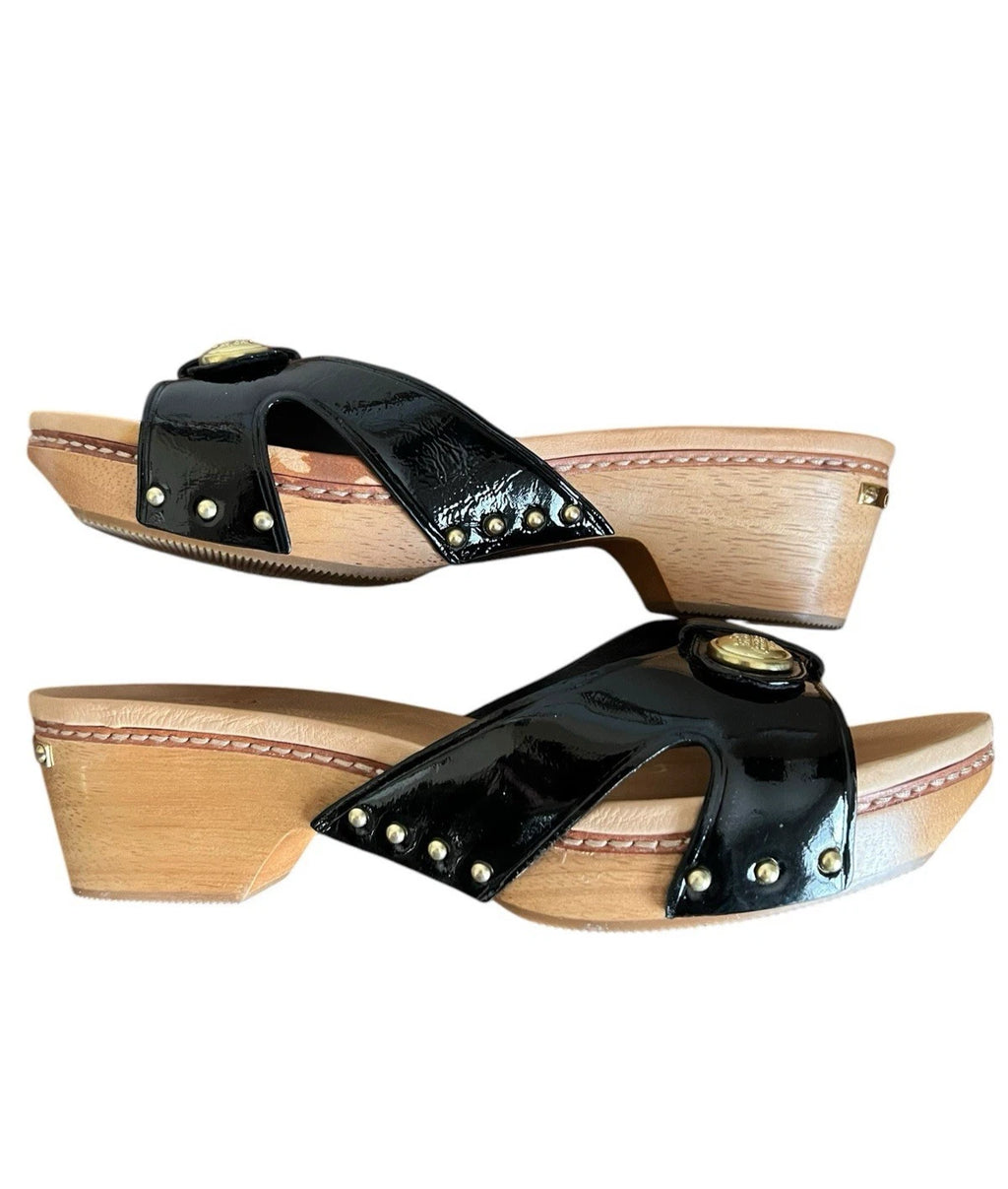 Auth COACH LEE BLK CRINKLE PATENT WOOD SLIDES CLOG SANDAL  SLIP ON  ~ Size 8.5B