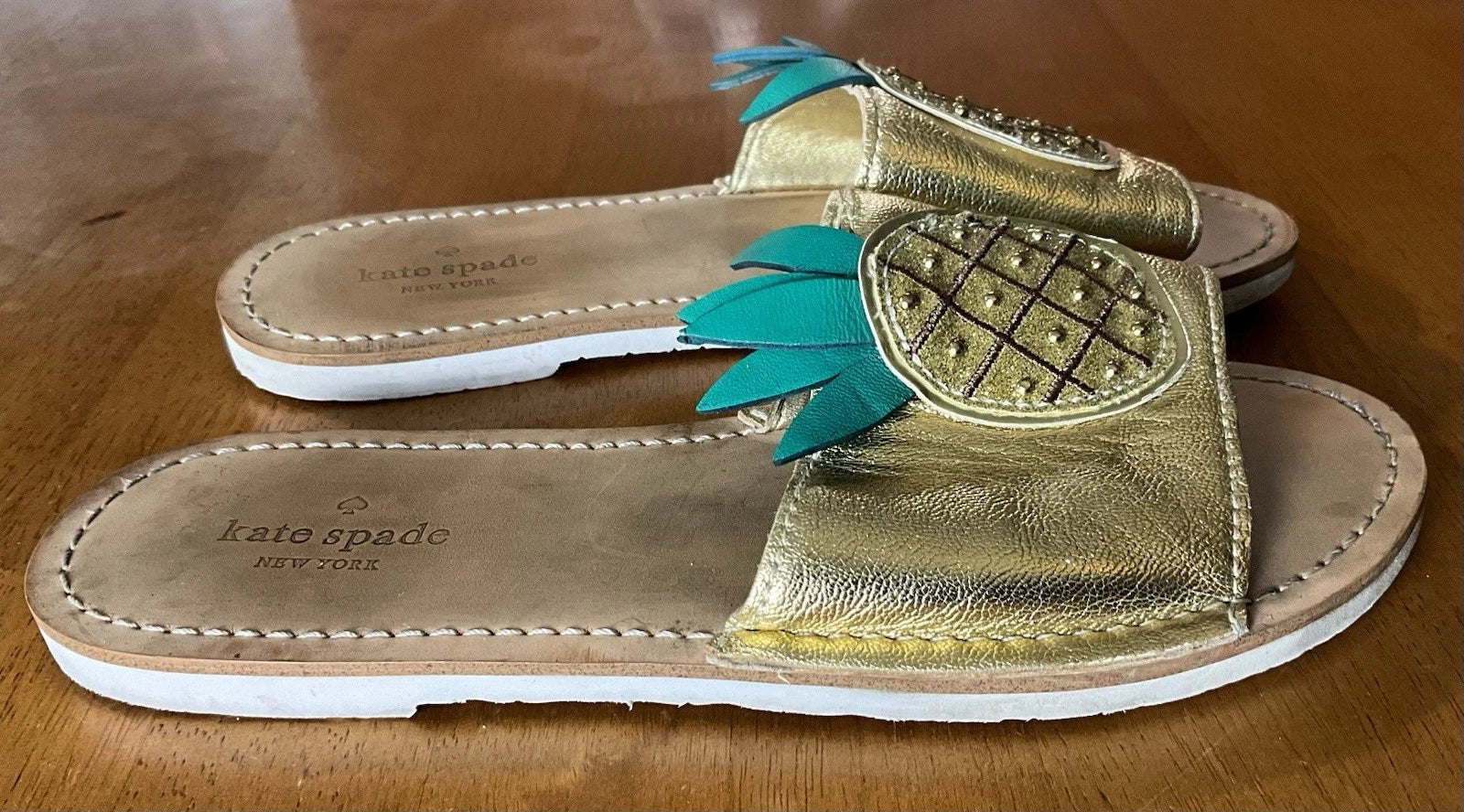 Kate Spade Womens Gold Metallic Leather Glitter Pineapple Sandals Slides Size 6