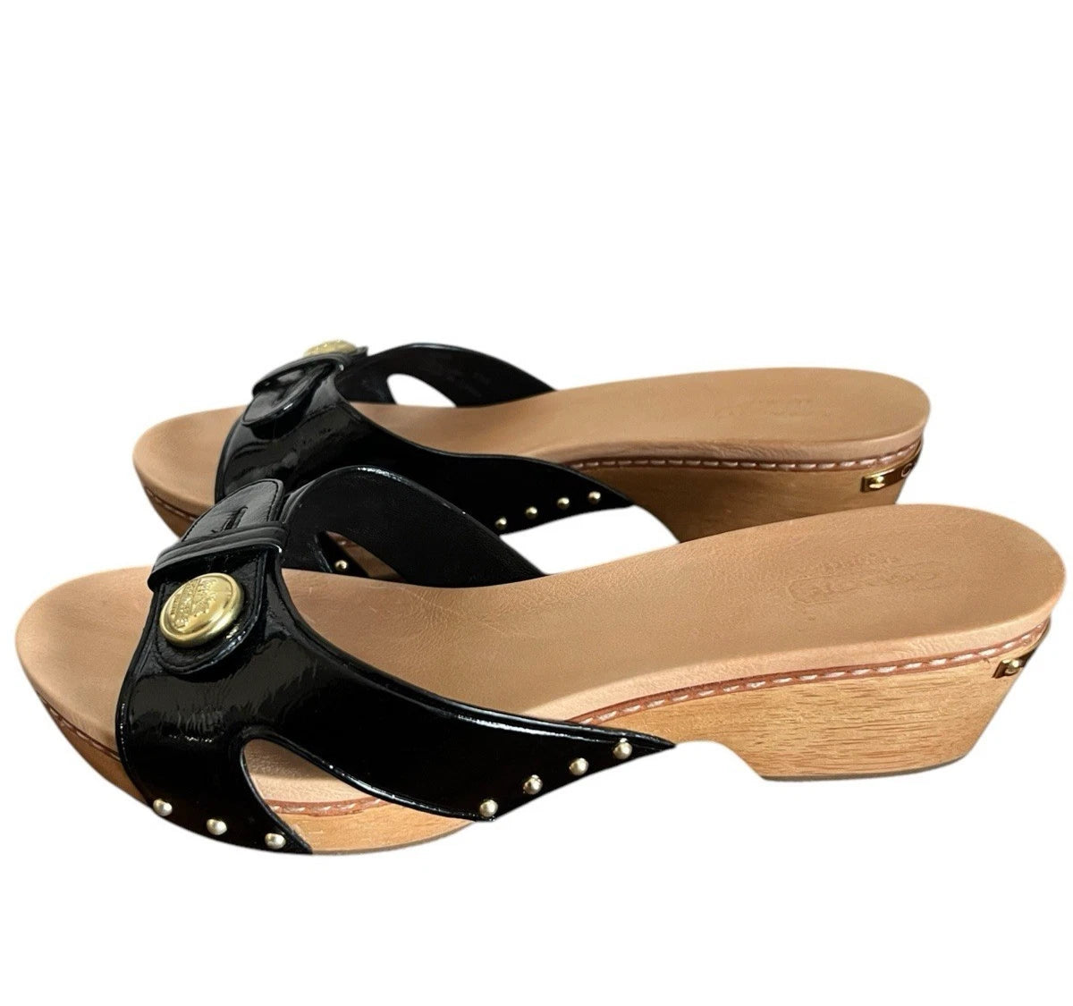 Auth COACH LEE BLK CRINKLE PATENT WOOD SLIDES CLOG SANDAL  SLIP ON  ~ Size 8.5B