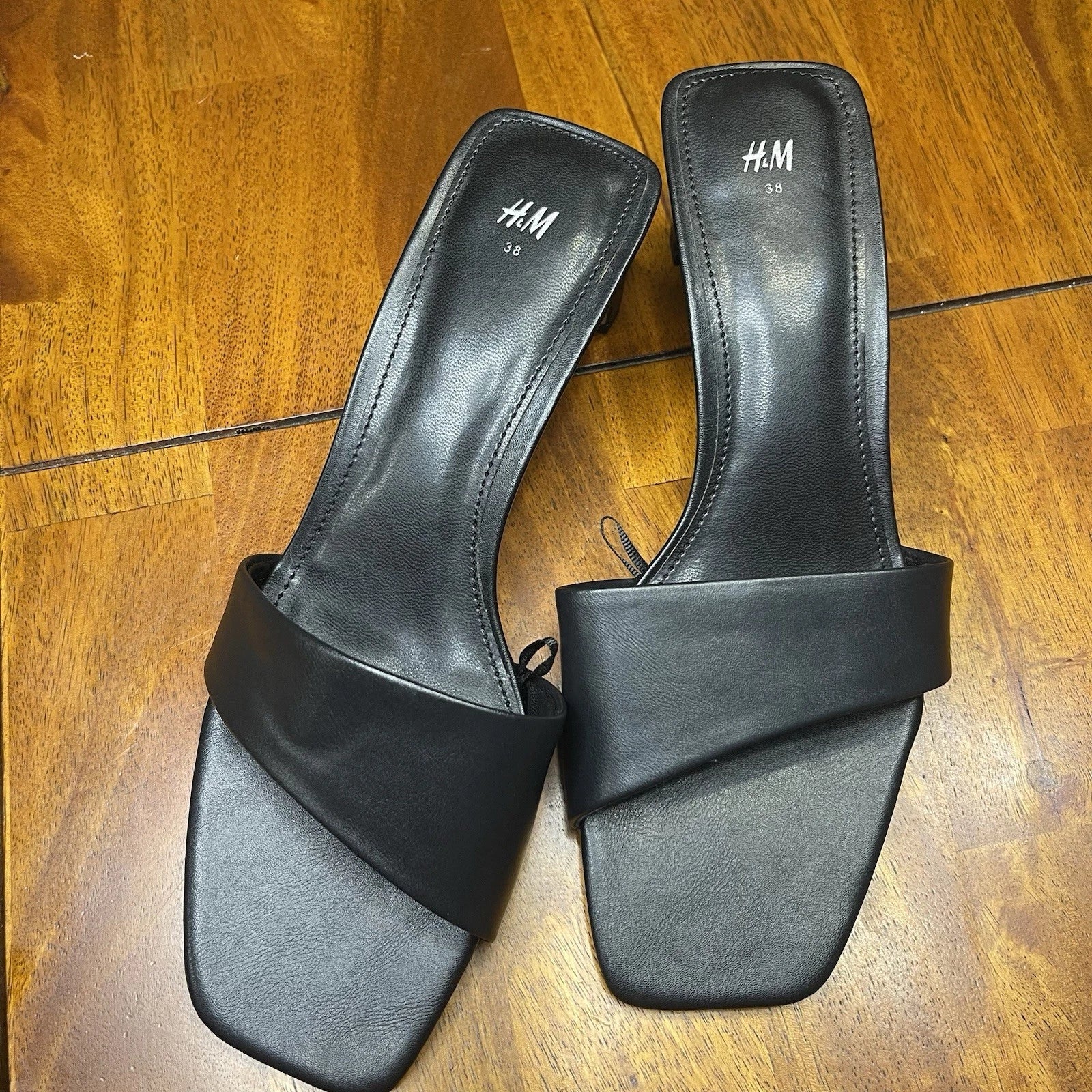 H&M Black Square Toe Slide Sandals Block Heel Size 38 (US 7.5) Minimalist Style