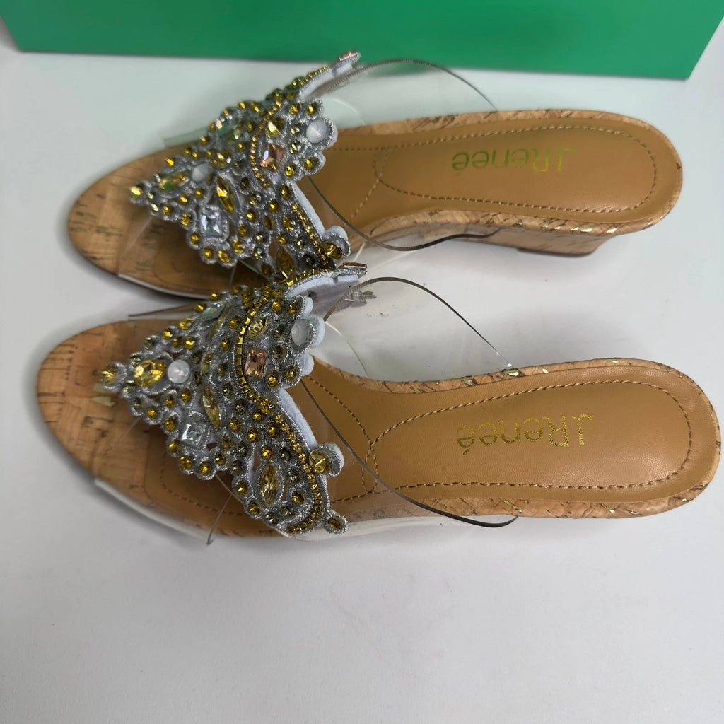 J. Renee Jeweled Cork Wedge Sandals Clear Straps Size 6.5M Party Evening