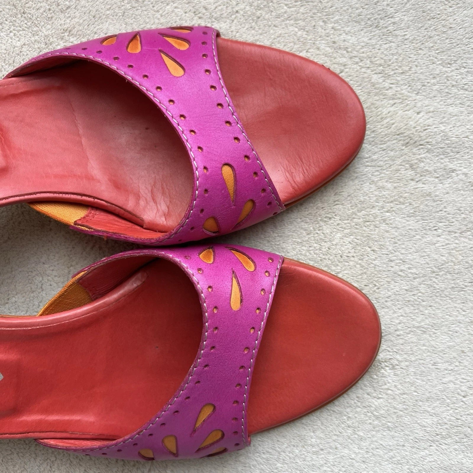 Donald J Pliner Fuschia Pink Orange Leather Kitten Heeled Sandals Women 6.5 Pop