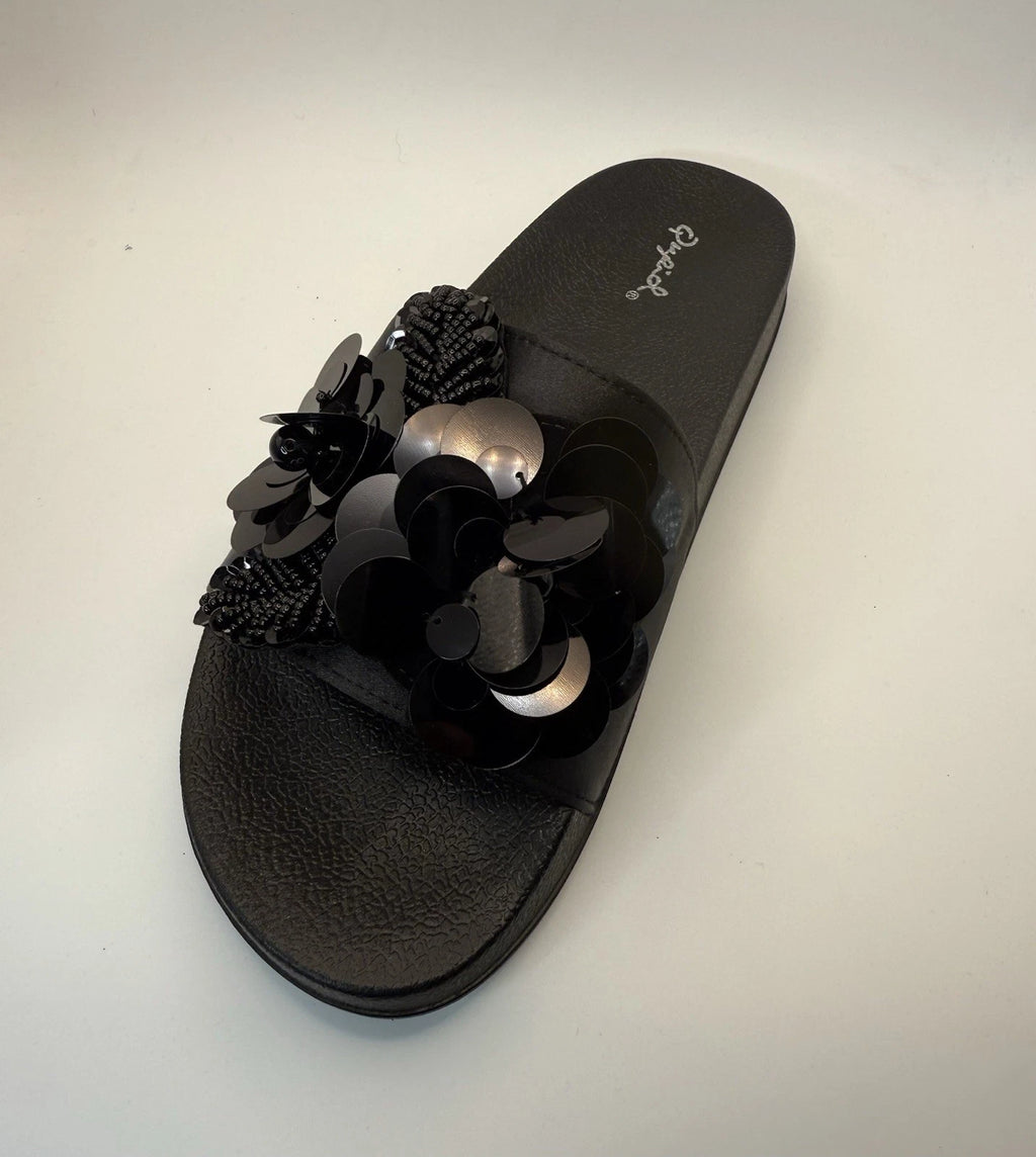 Qupid Women's Fashion Satin Black Flower Slides Sandals Flip Flops Sz 9 New