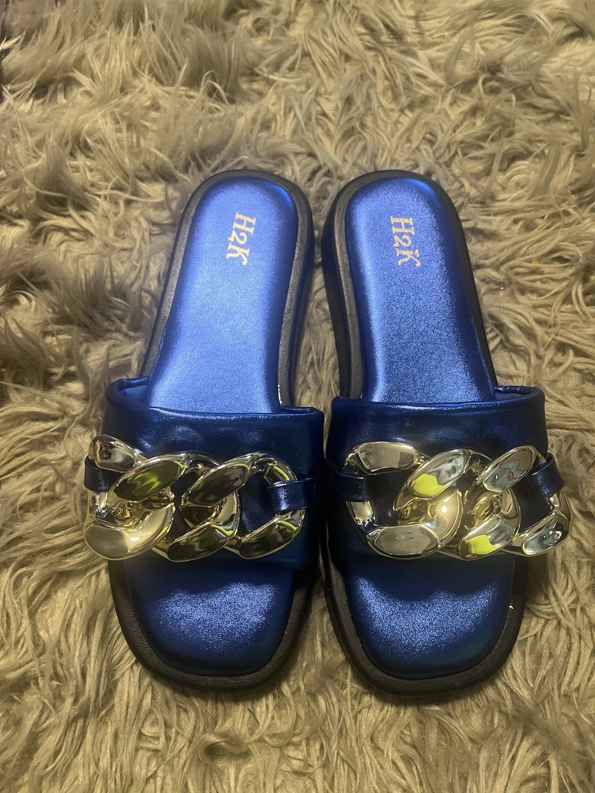 H2K Silver Chain Size 10 Royal Blue Fashion Comfort Soft Slides Sandals Open Toe