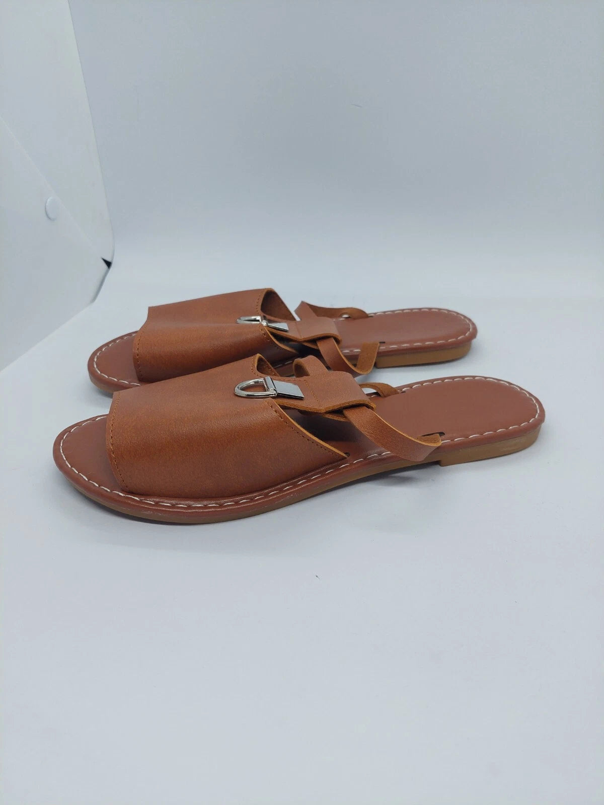 Women Sandals Metal Decor Cut Out Slide Fashionable Brown Flat Size 38 US 7