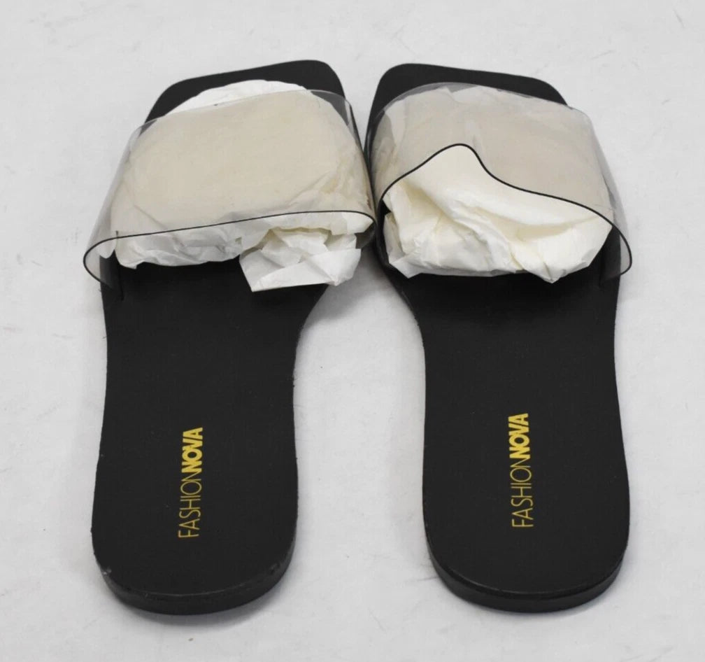Fashion Nova Libra Black Sandals Clear Thick Strap Slip On Sandals Open Toe Sz 9