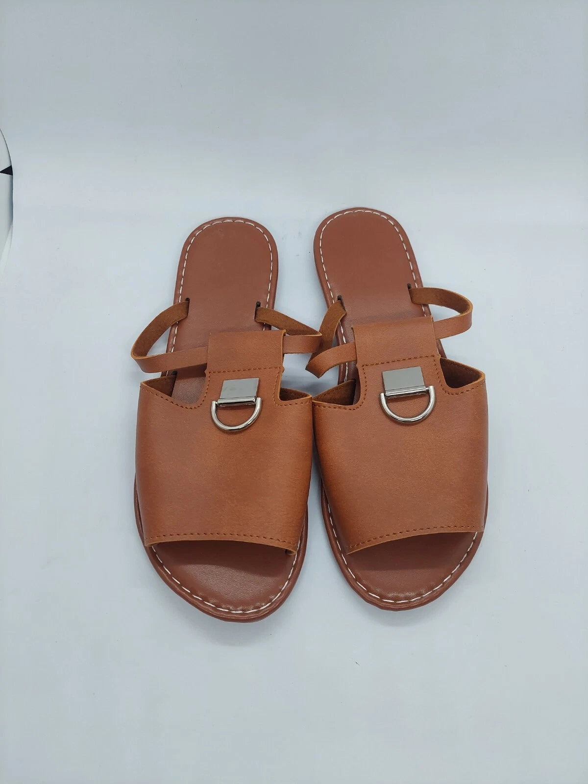 Women Sandals Metal Decor Cut Out Slide Fashionable Brown Flat Size 38 US 7