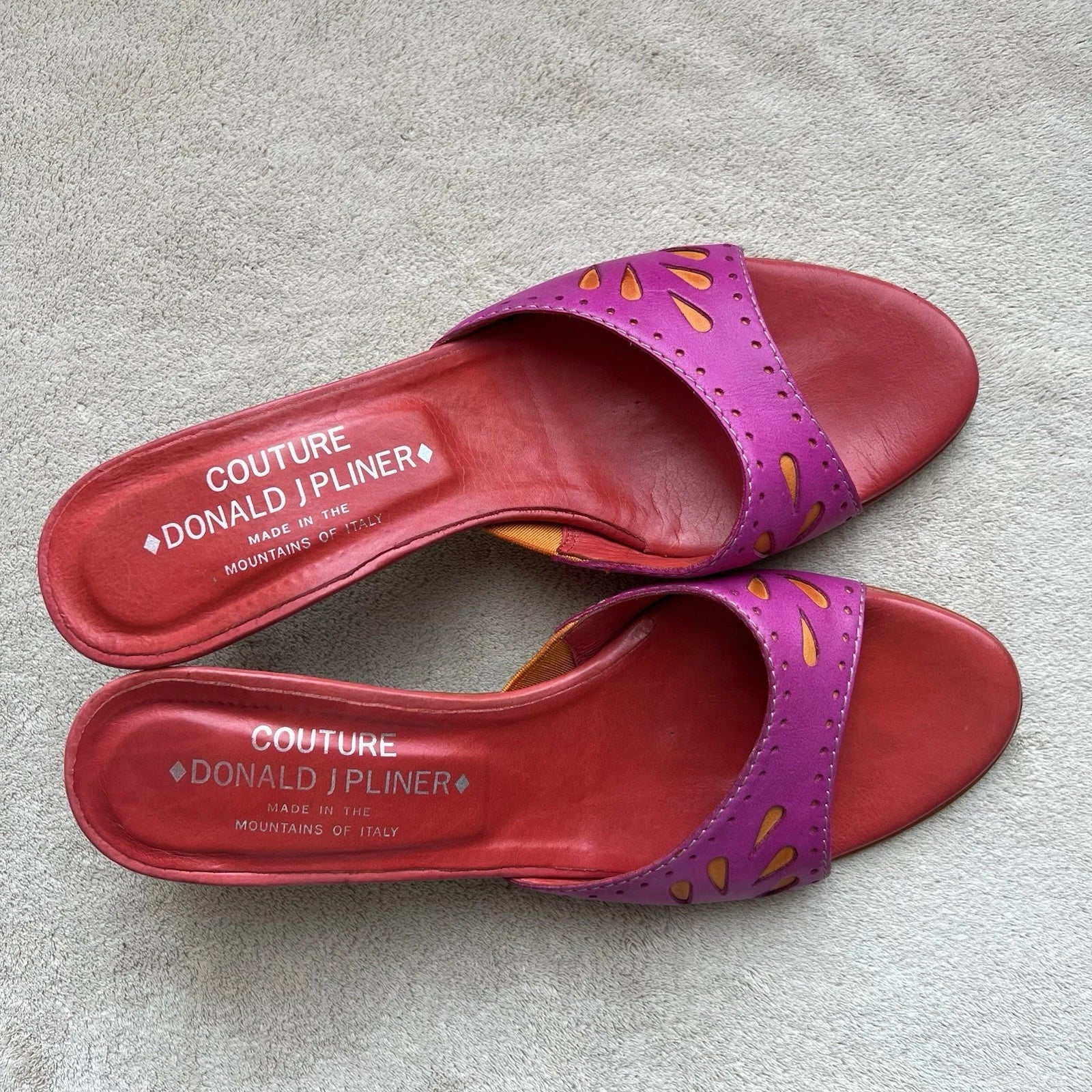 Donald J Pliner Fuschia Pink Orange Leather Kitten Heeled Sandals Women 6.5 Pop