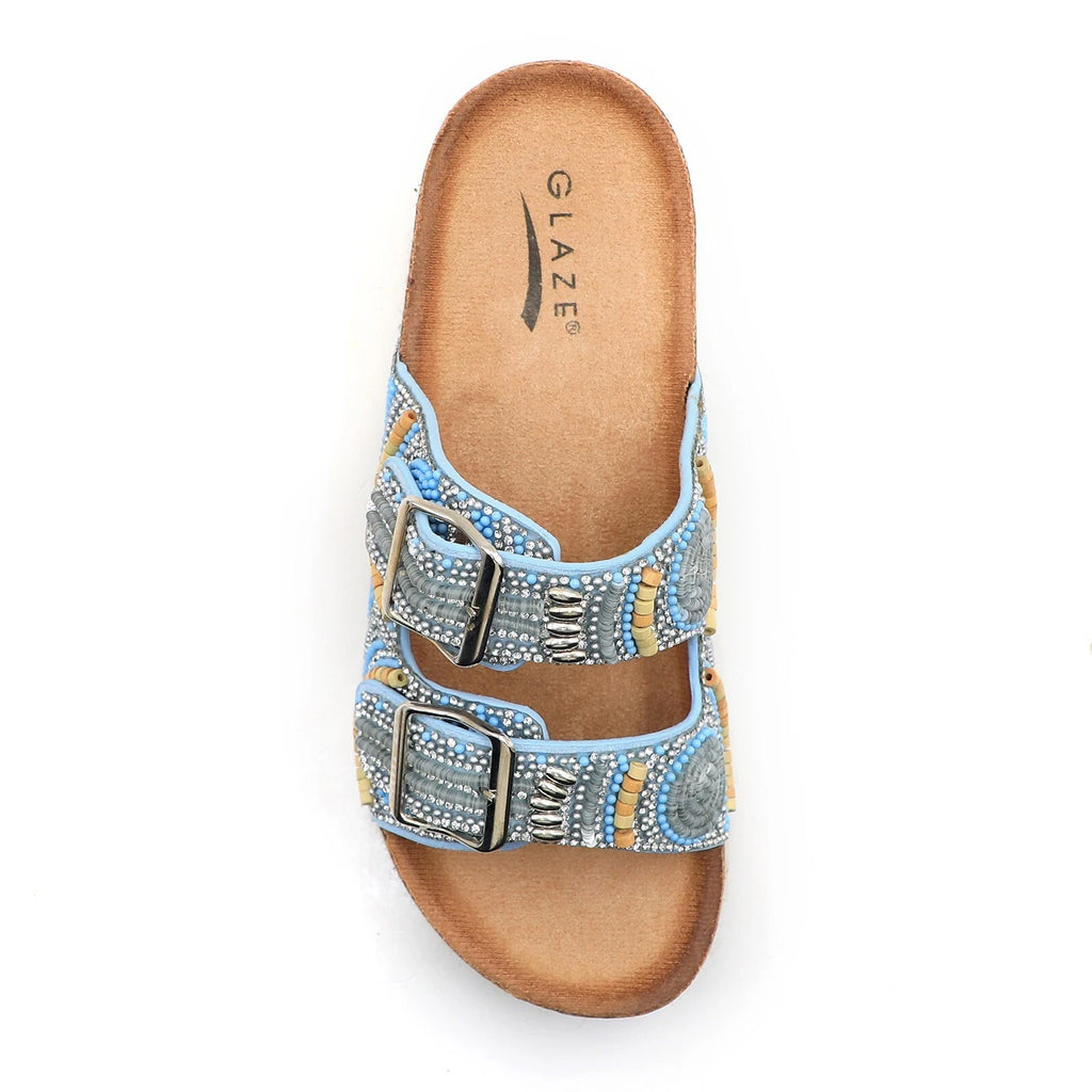 Glaze Women's Beaded Rhinestone Sandal Buckle Cork Footbed Slides Bohemian Style