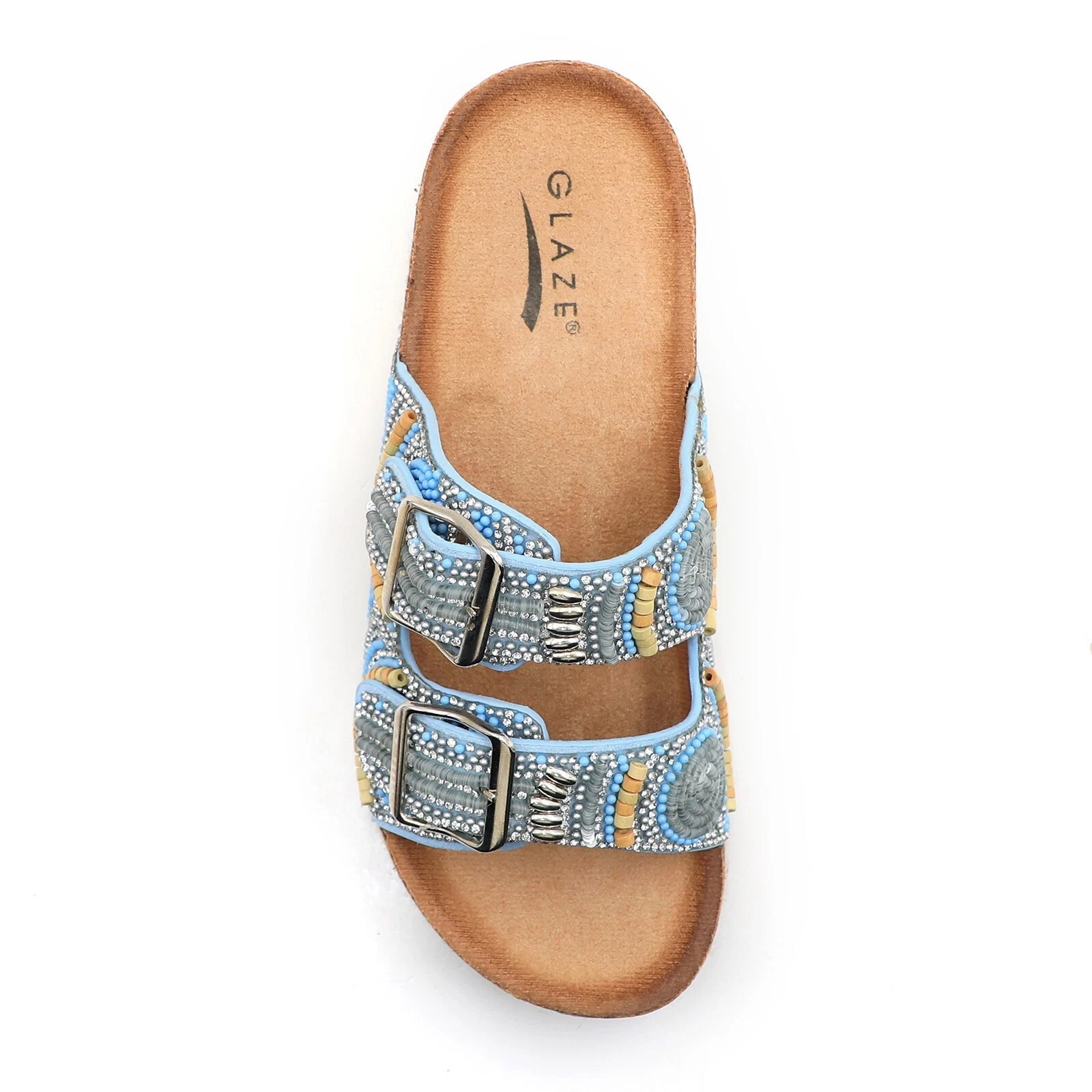 Glaze Women's Beaded Rhinestone Sandal Buckle Cork Footbed Slides Bohemian Style