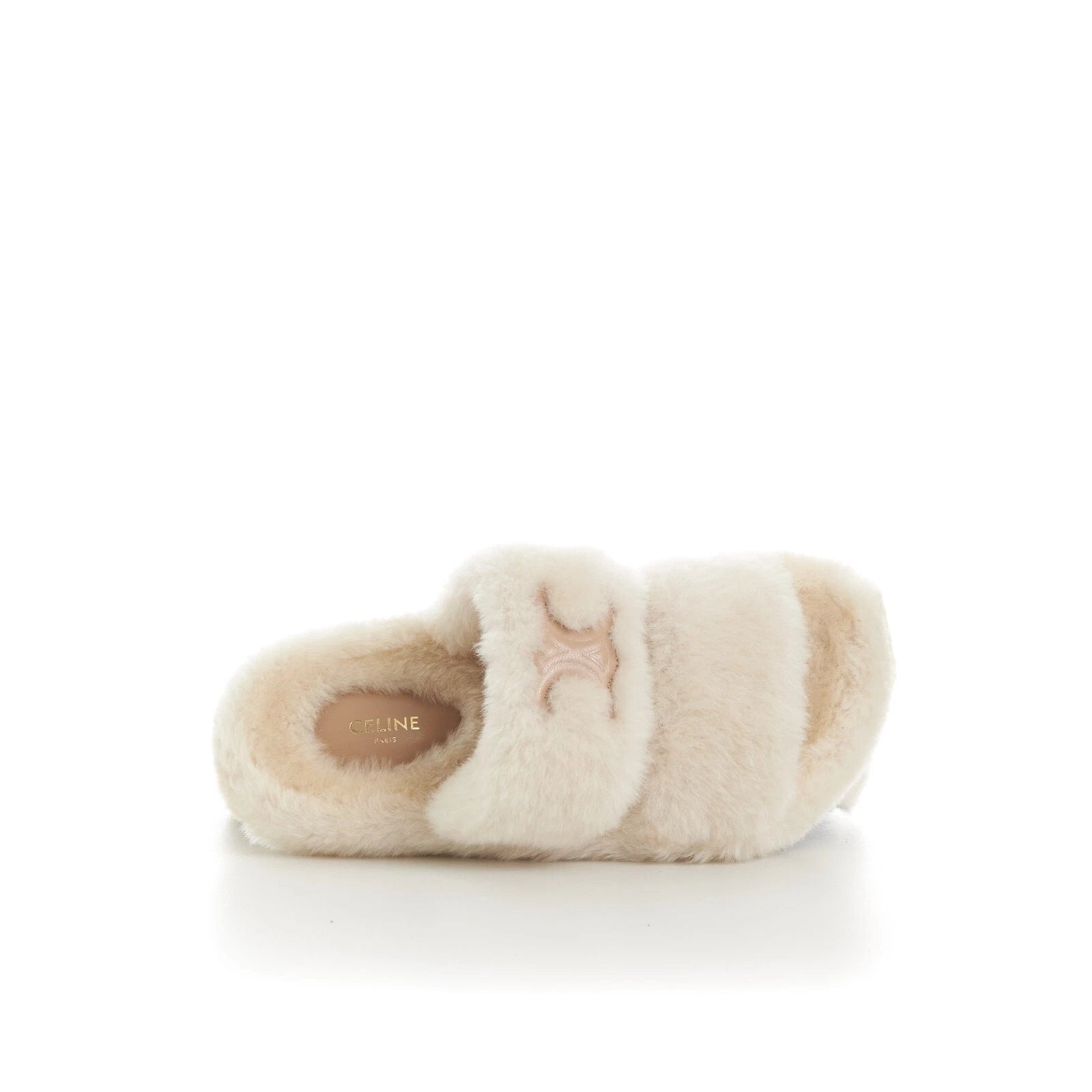 CELINE 870$ Triomphe Open Shearling Fur Slide Sandals - Signature Leather Patch
