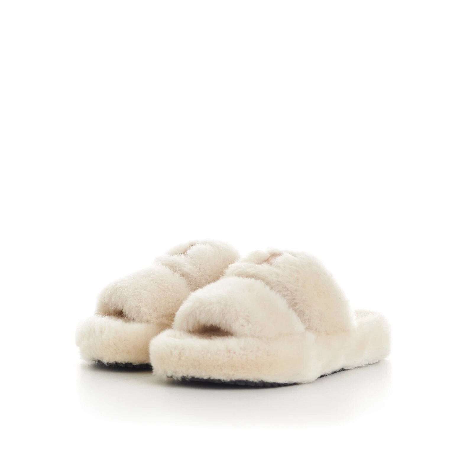 CELINE 870$ Triomphe Open Shearling Fur Slide Sandals - Signature Leather Patch