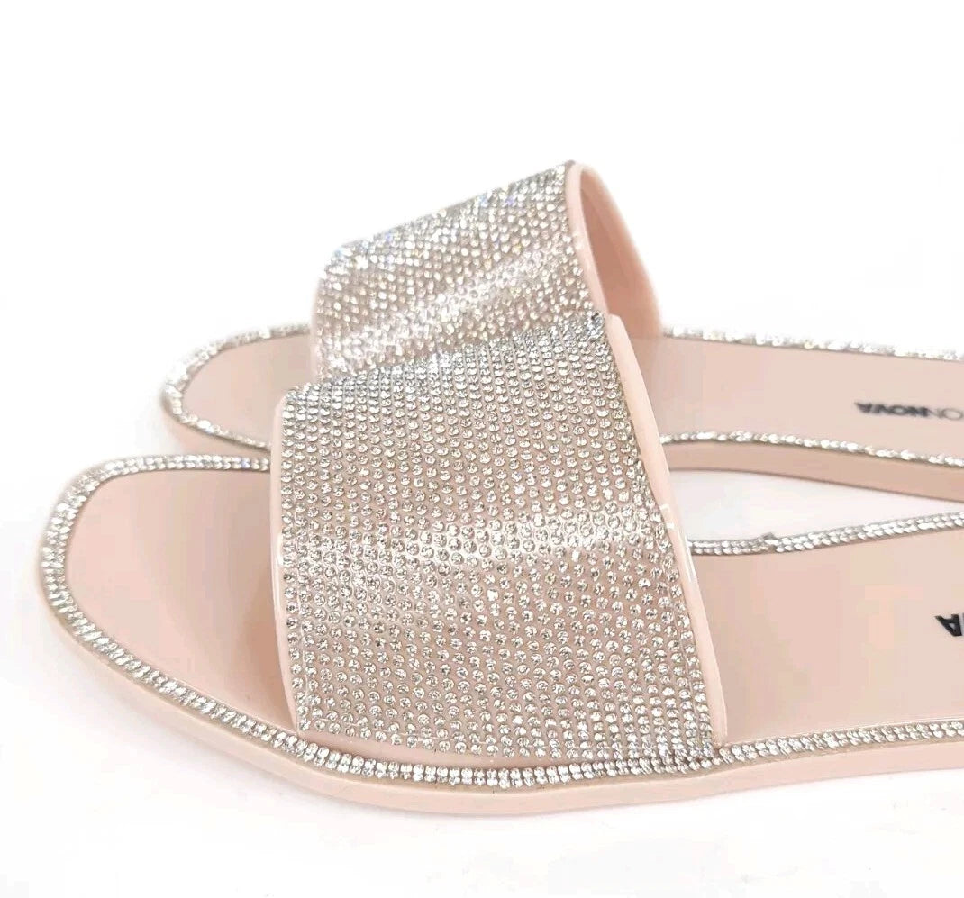 Fashion Nova Sandals Womens 10 w/ Box Flats Silver Rhinestones Slides Slip On