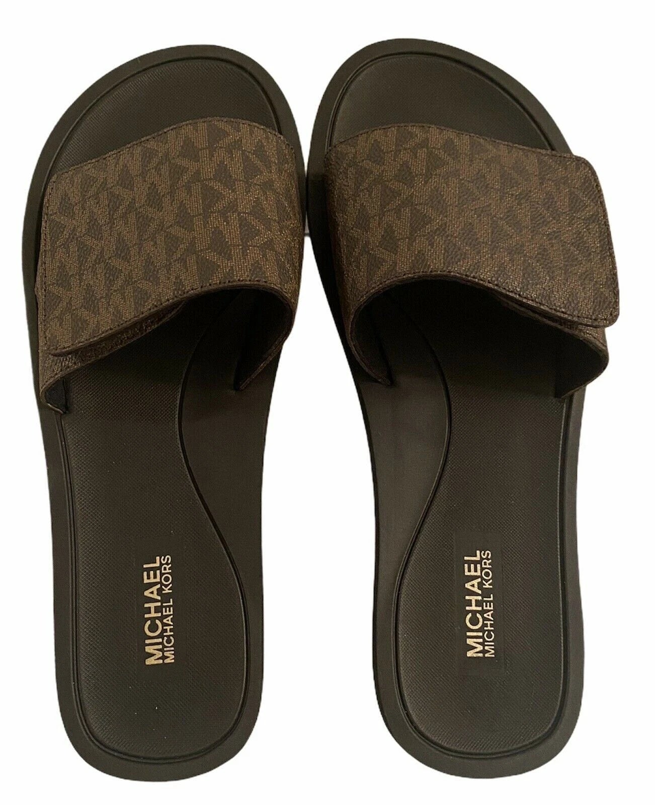 Michael Kors Wade Slide MK Signature Logo Sandals Adjust Closure Brown SZ 11 New