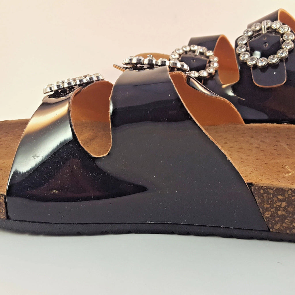 H2K KAREN STONE Buckle Ornament Black Fashion Slides Flip Flops Sandals Bling
