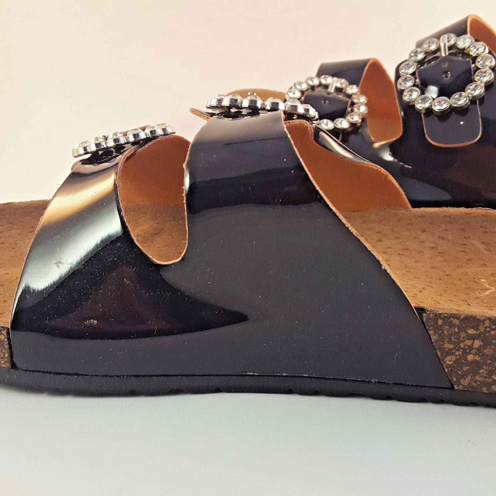 H2K KAREN STONE Buckle Ornament Black Fashion Slides Flip Flops Sandals Bling