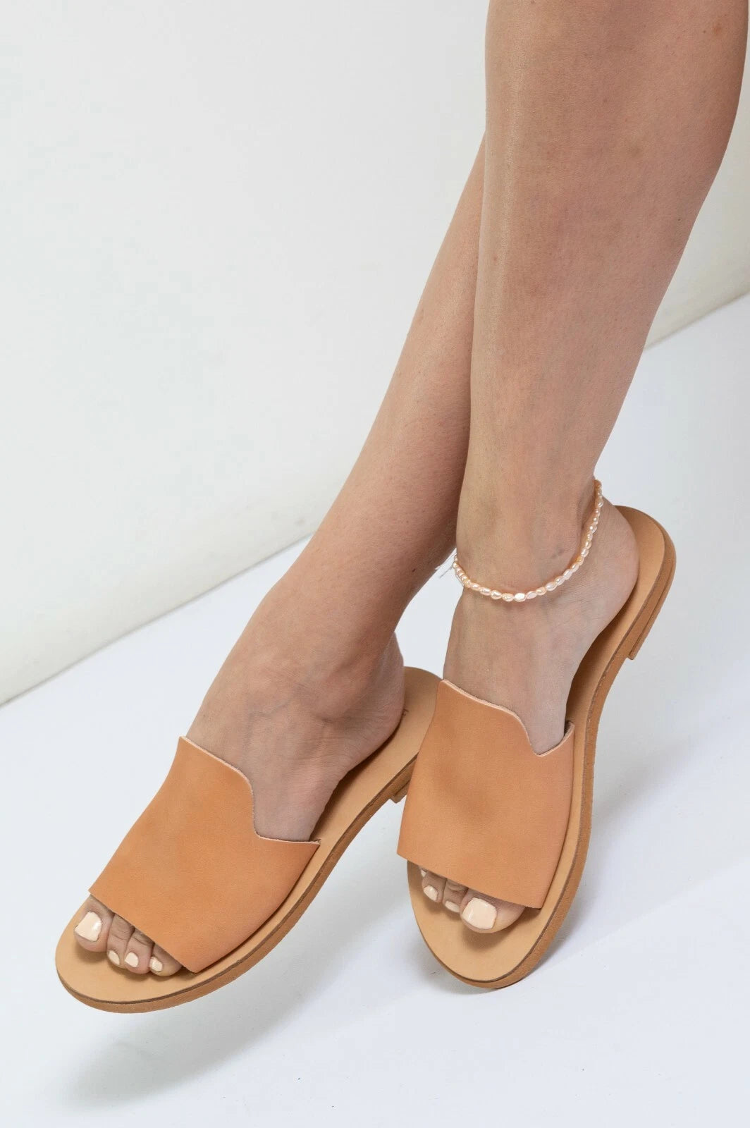 Ancient Greek style natural beige flat real leather slide sandals handmade