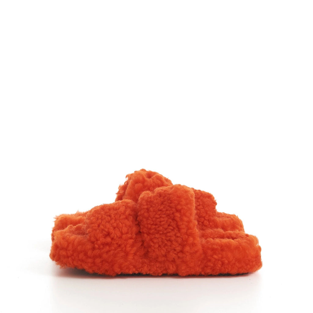 CELINE 730$ Fluffy Shearling Triomphe Fur Slide Sandals - Bright Orange, Patch