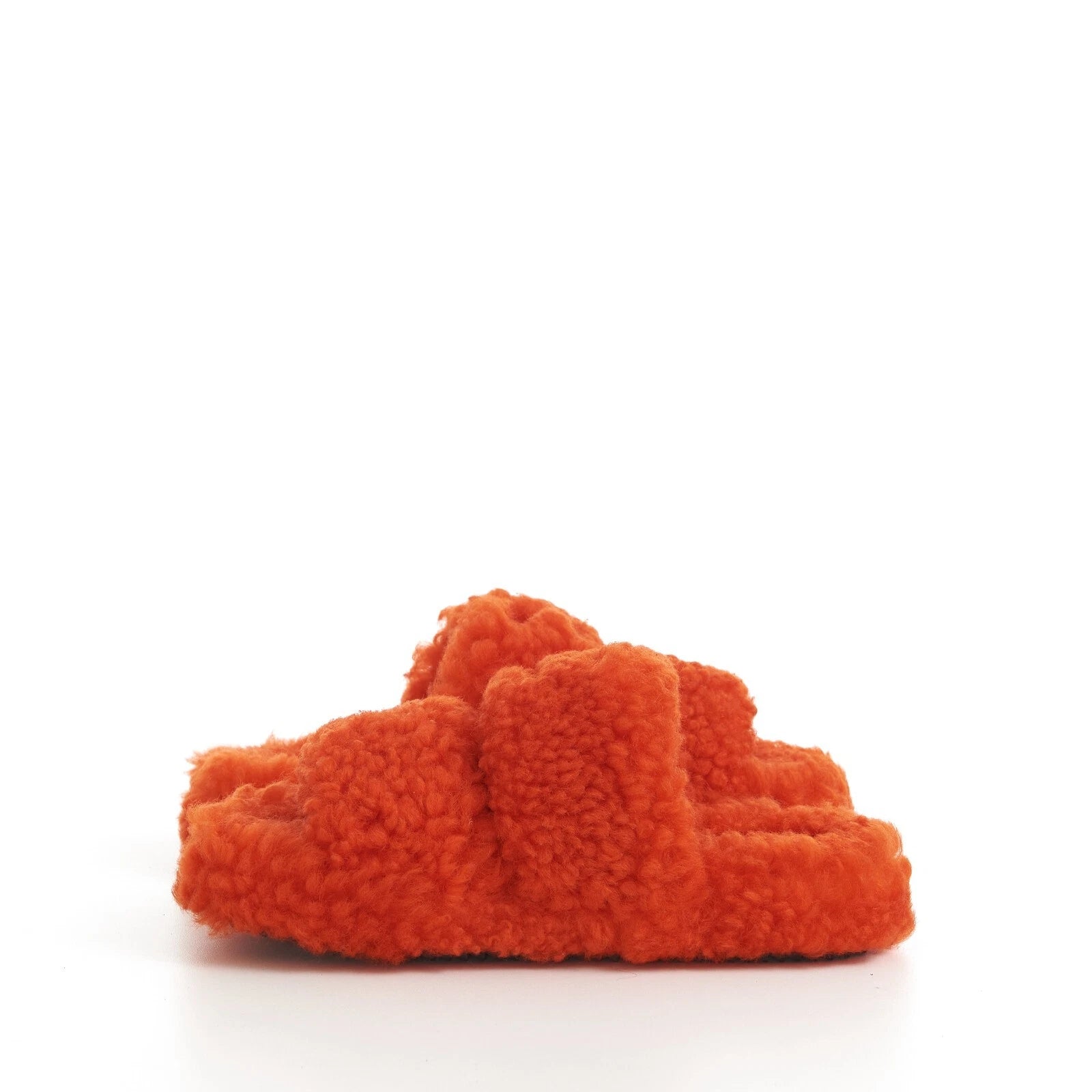 CELINE 730$ Fluffy Shearling Triomphe Fur Slide Sandals - Bright Orange, Patch