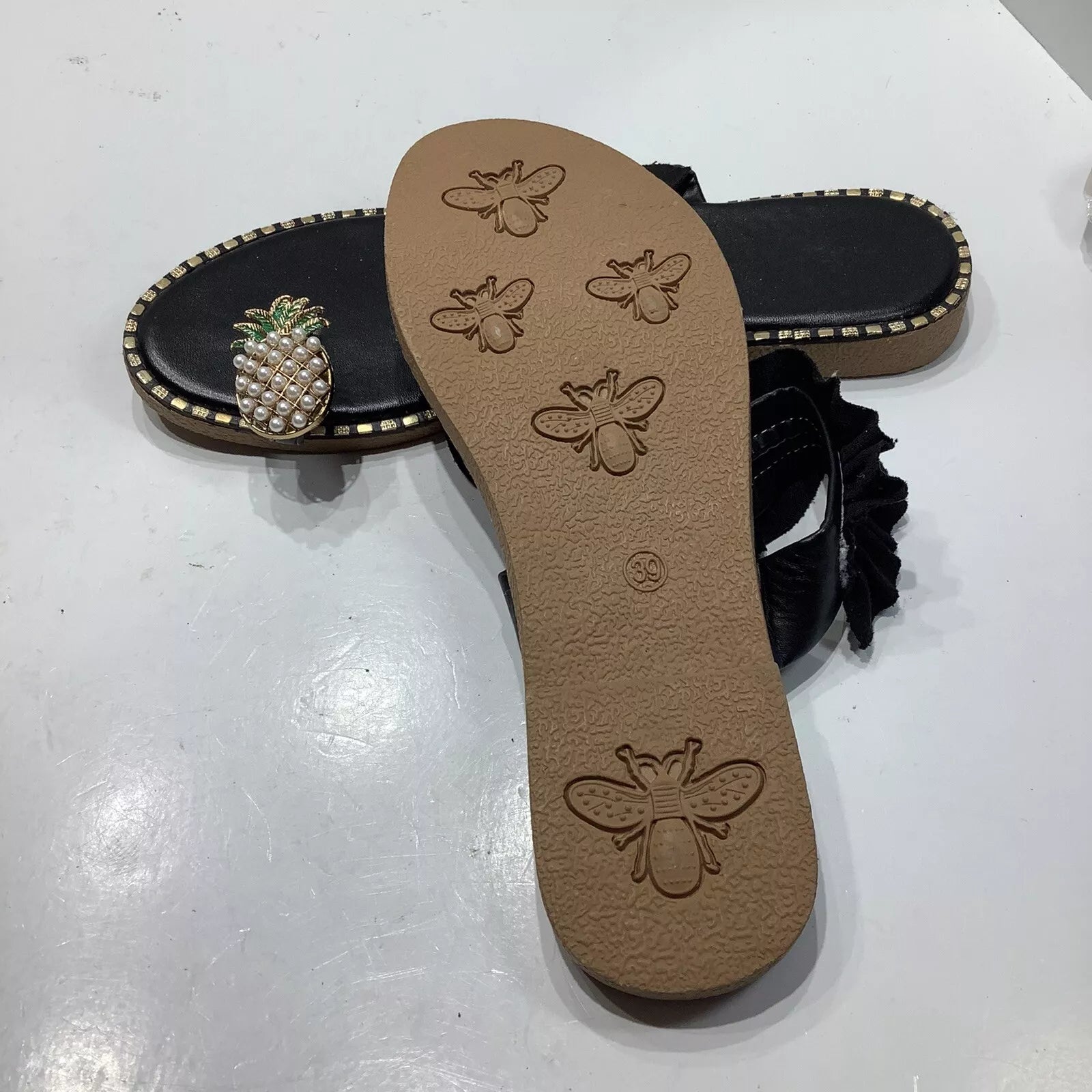 Women‘s Blk. Fashion Casual Ring Toe Pineapple Flat Slippers Slides Shoes Sz 8M