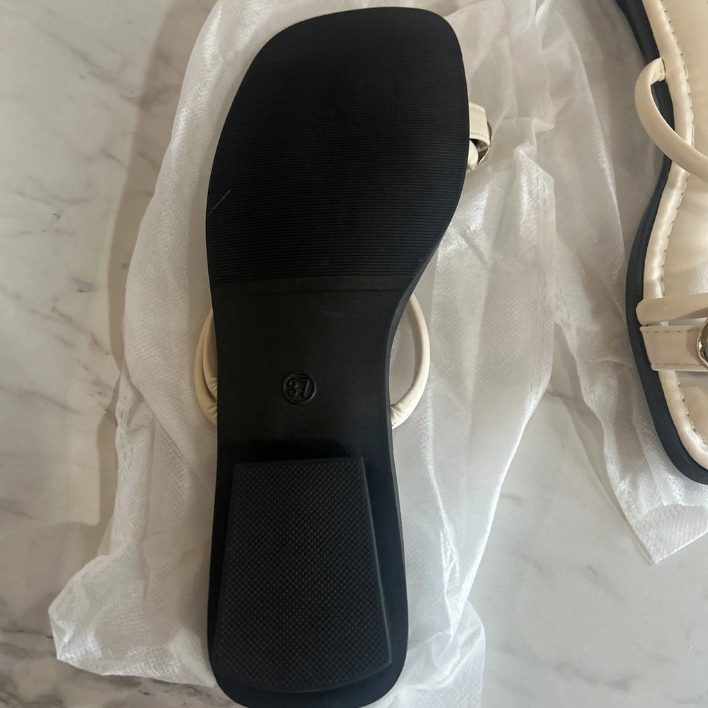 Women's Leather Strappy Metal Toe Ring Slides Sandals Fashion Comfortable Ope...