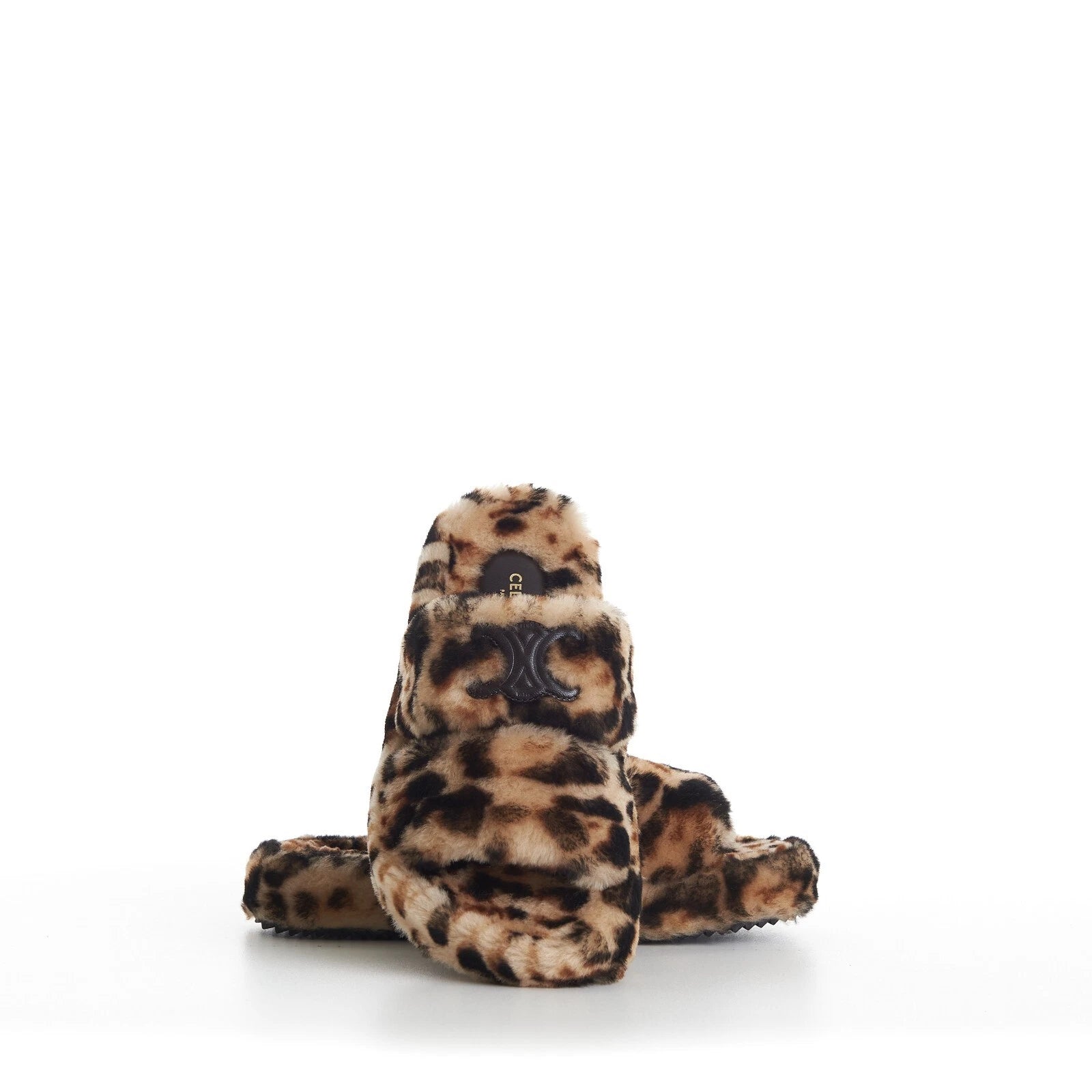 CELINE 990$ Shearling Fur Slide Sandals - Leopard Pattern