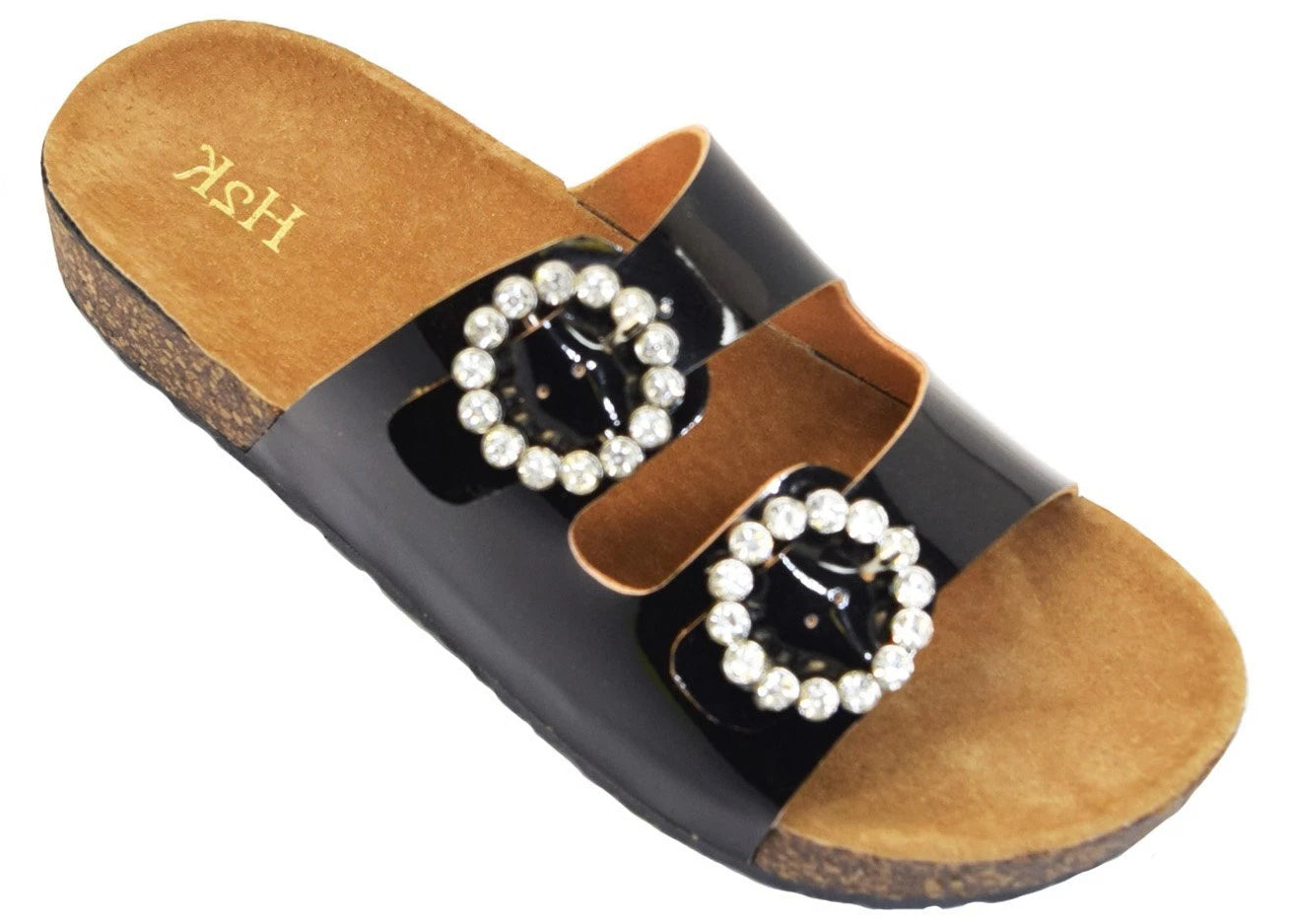 H2K KAREN STONE Buckle Ornament Black Fashion Slides Flip Flops Sandals Bling