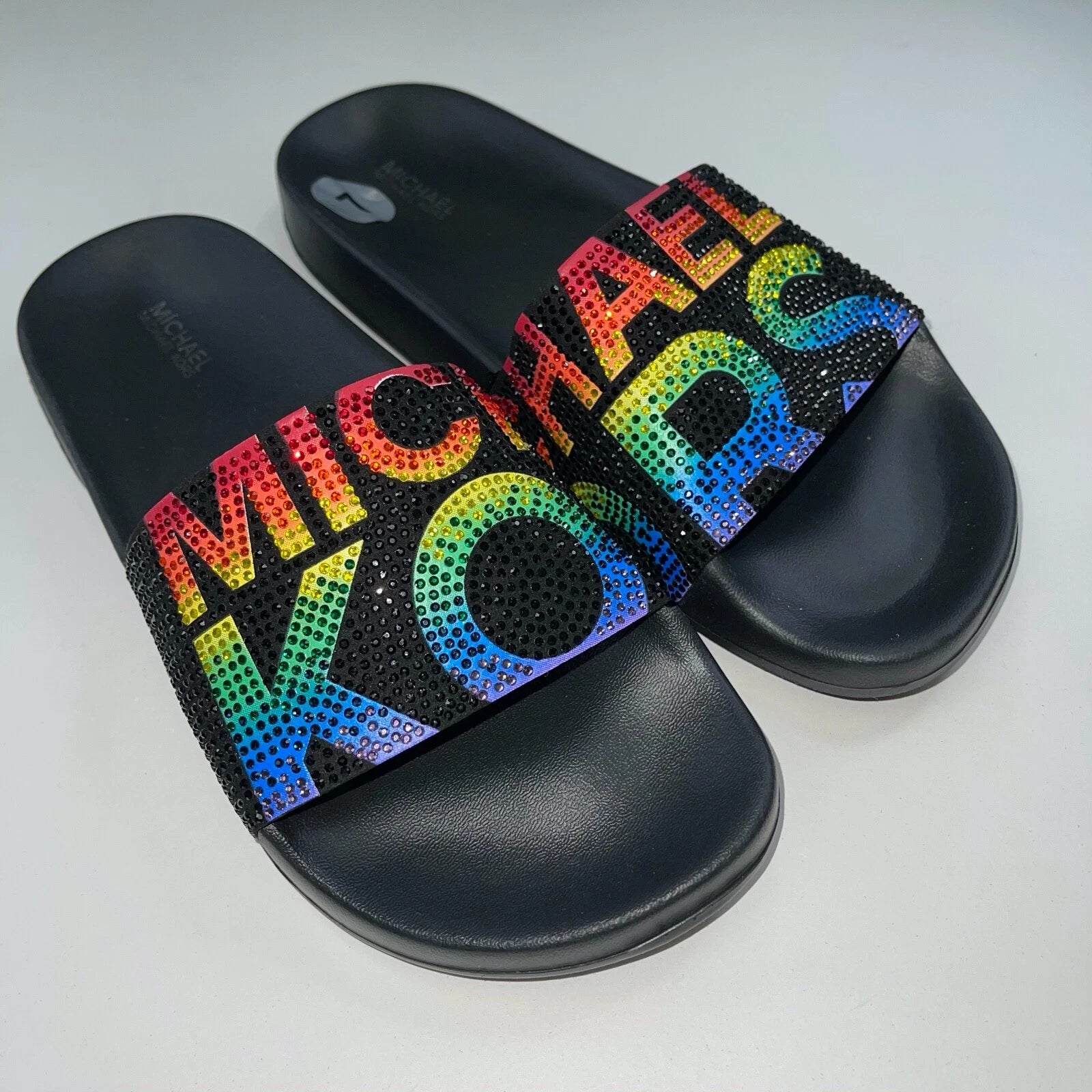 Michael Kors Slides Womens Rhinestones Rainbow Black Bling Sparkly Pride Gilmore