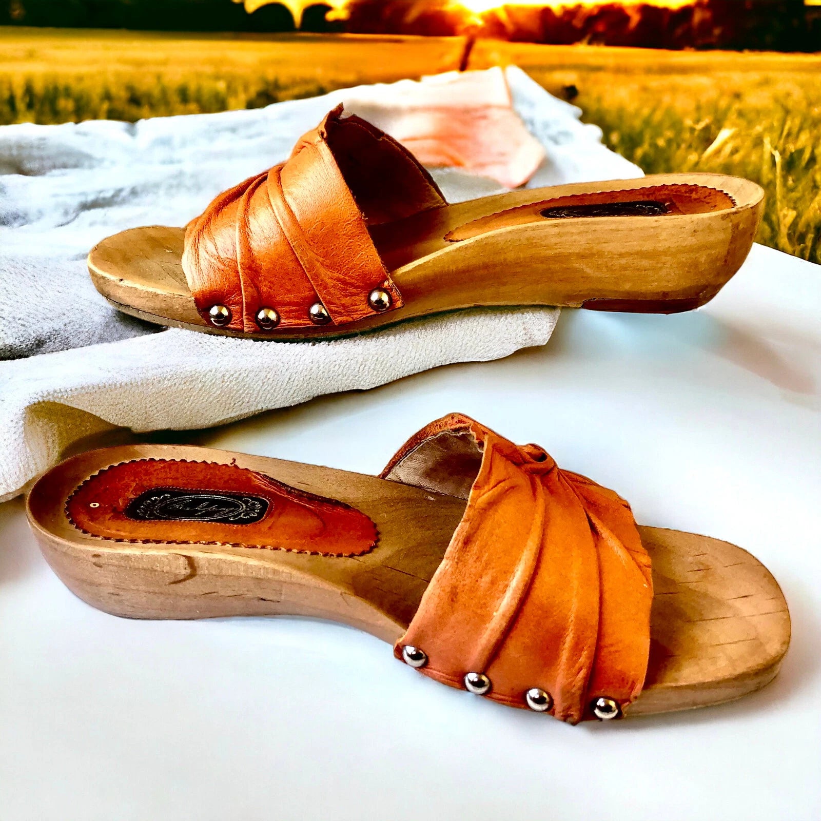 SALPY Handmade Shoes Orange Leather Wooden Mule Style Anna Womens size 7