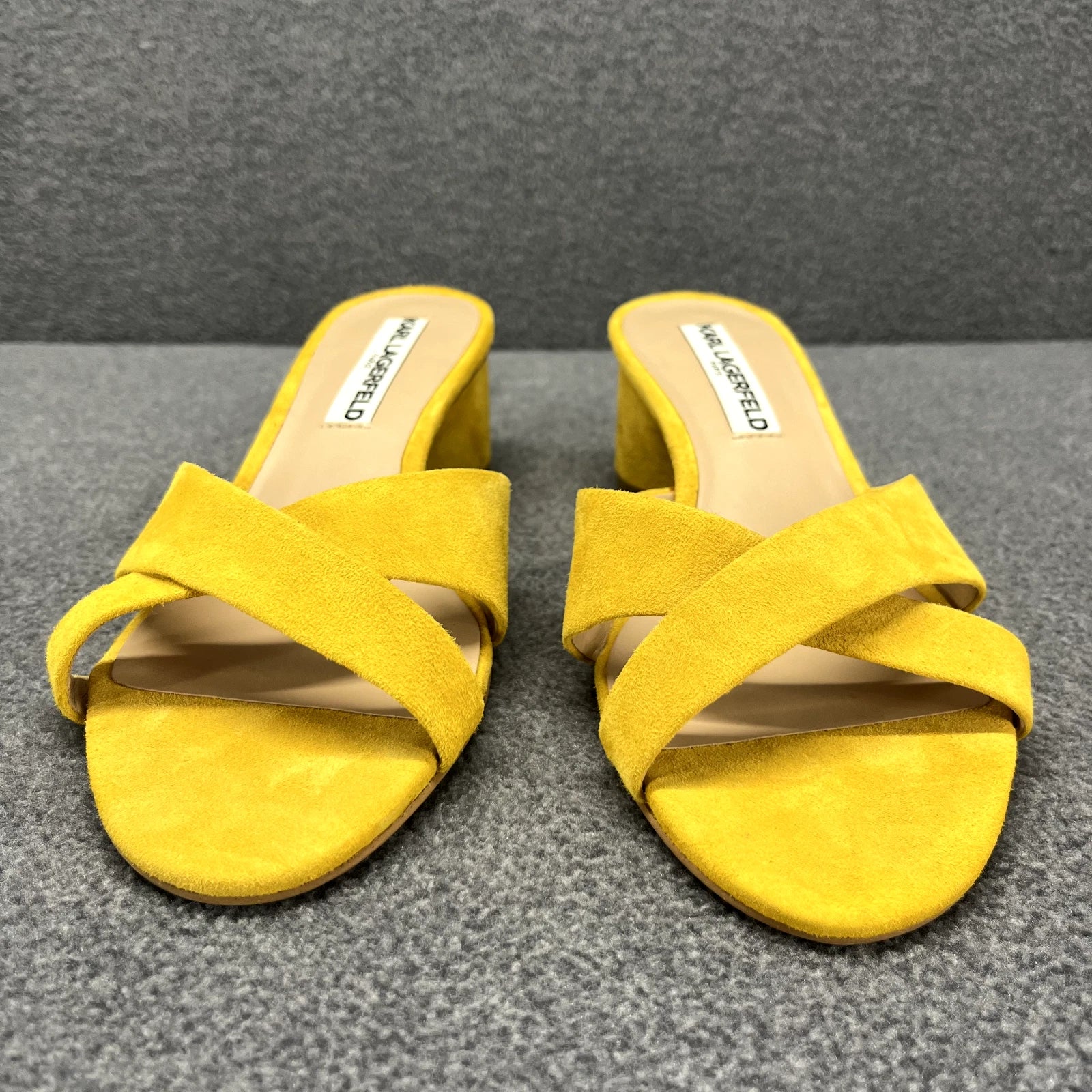 Karl Lagerfeld Sandals Women 7 M Yellow Suede Fawn Canary Slide 2" Block Heel