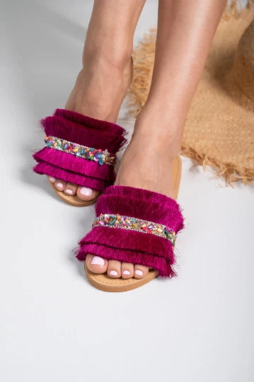 Ancient Greek style natural flat real leather fringe slide sandals handmade