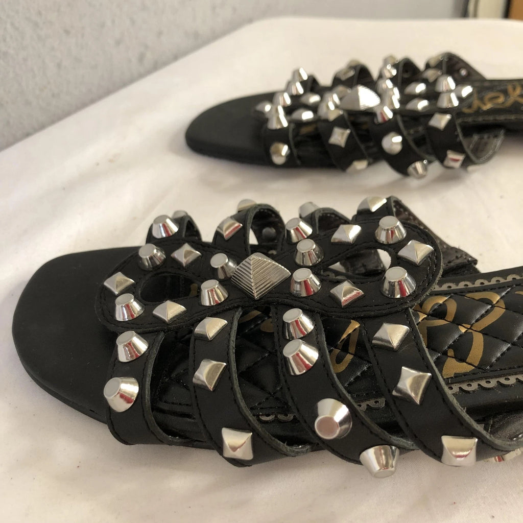 Sam Edelman Shoes Womens Size 7.5 Black Studded Leather Slides Sandals BEATRIS