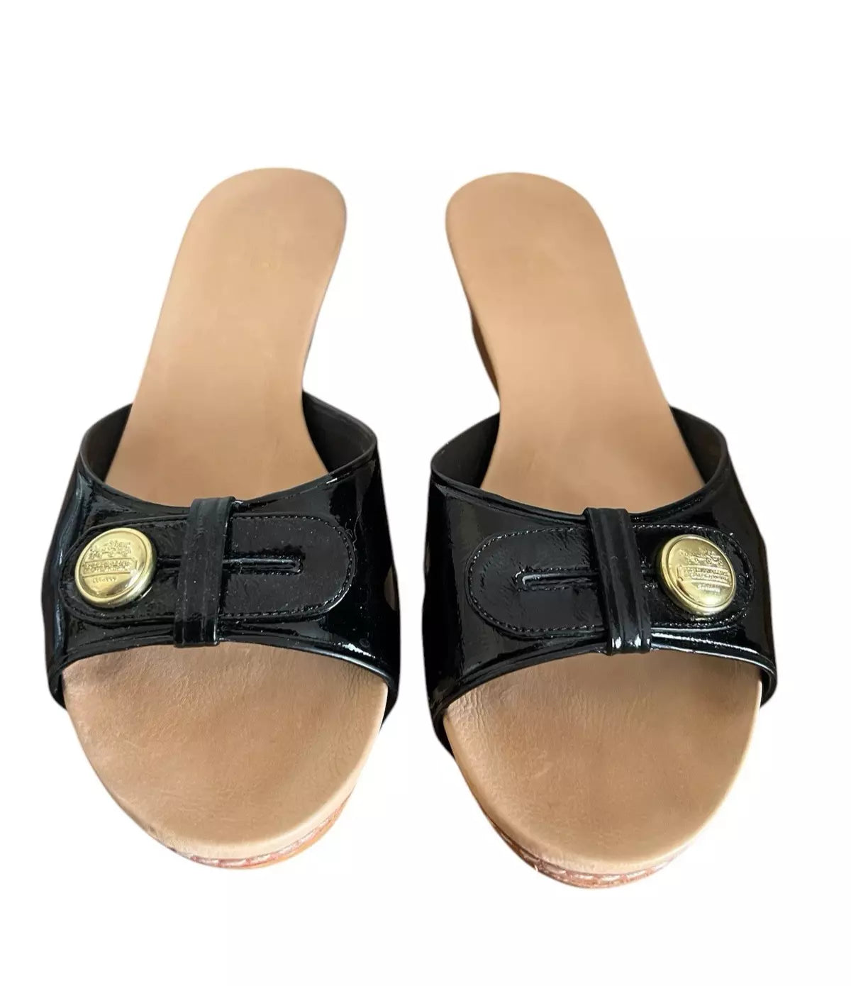Auth COACH LEE BLK CRINKLE PATENT WOOD SLIDES CLOG SANDAL  SLIP ON  ~ Size 8.5B