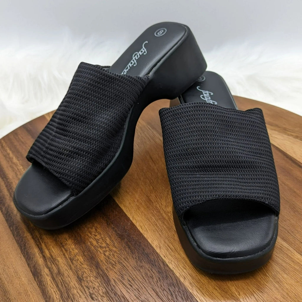 Fanfares Mule Slides Sandals 8 Black Square Toe Stretch Fabric Retro Popular 90s