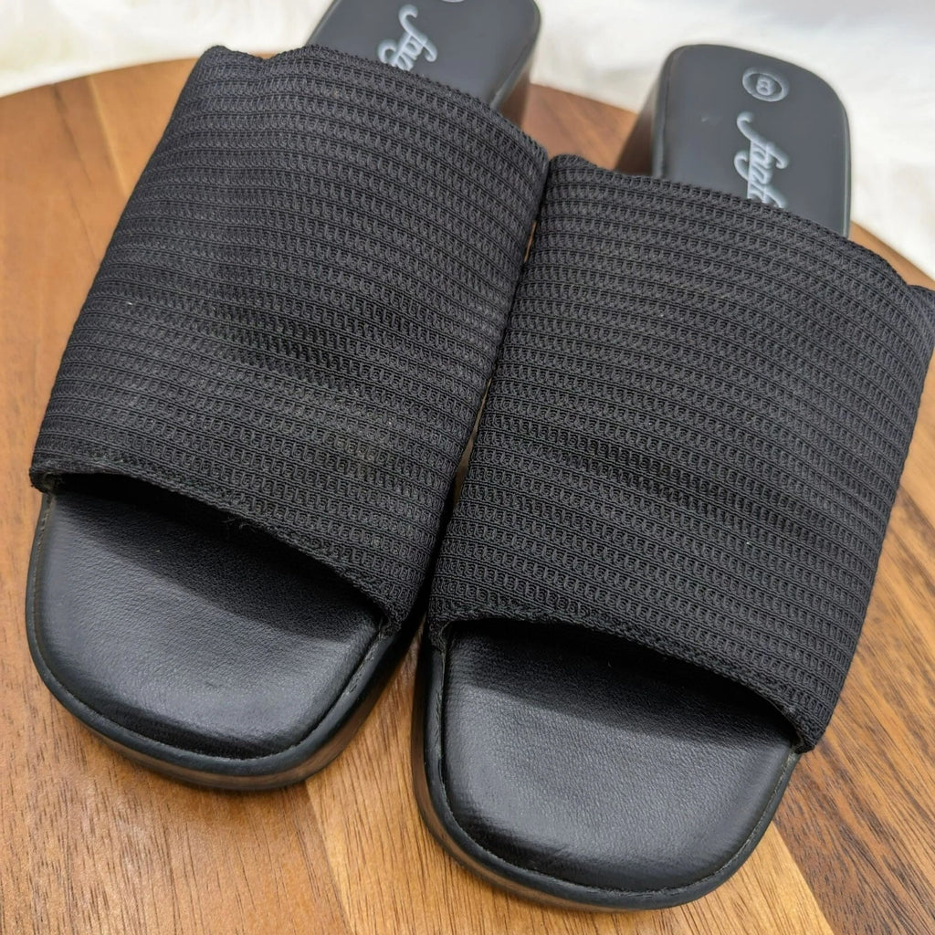 Fanfares Mule Slides Sandals 8 Black Square Toe Stretch Fabric Retro Popular 90s